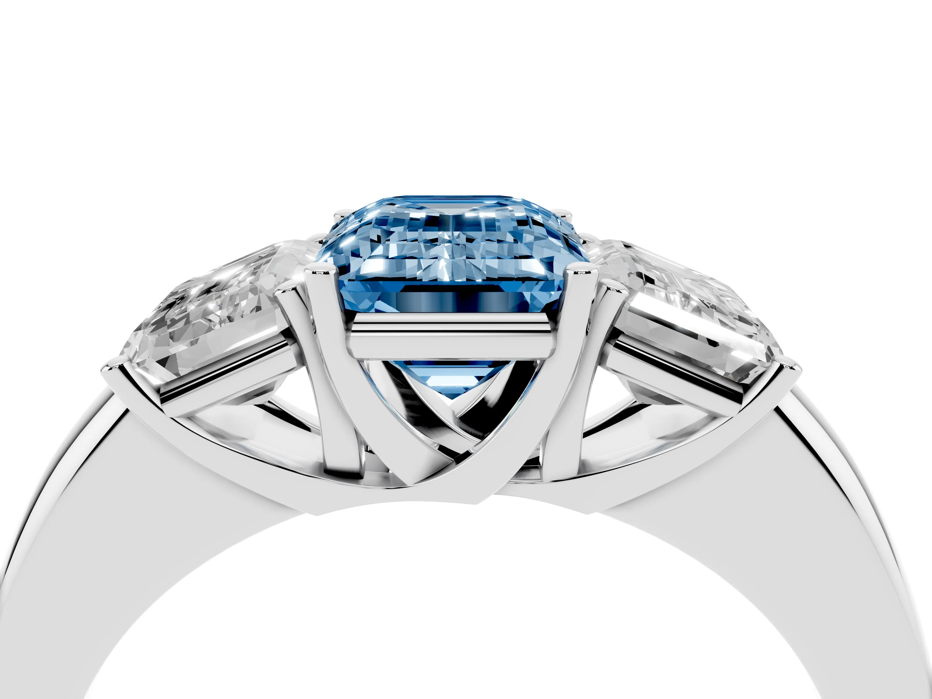 Fancy Blue Emerald Cut Diamond Three-Stone Ring Set in Silver with Bold Center and Classic Band