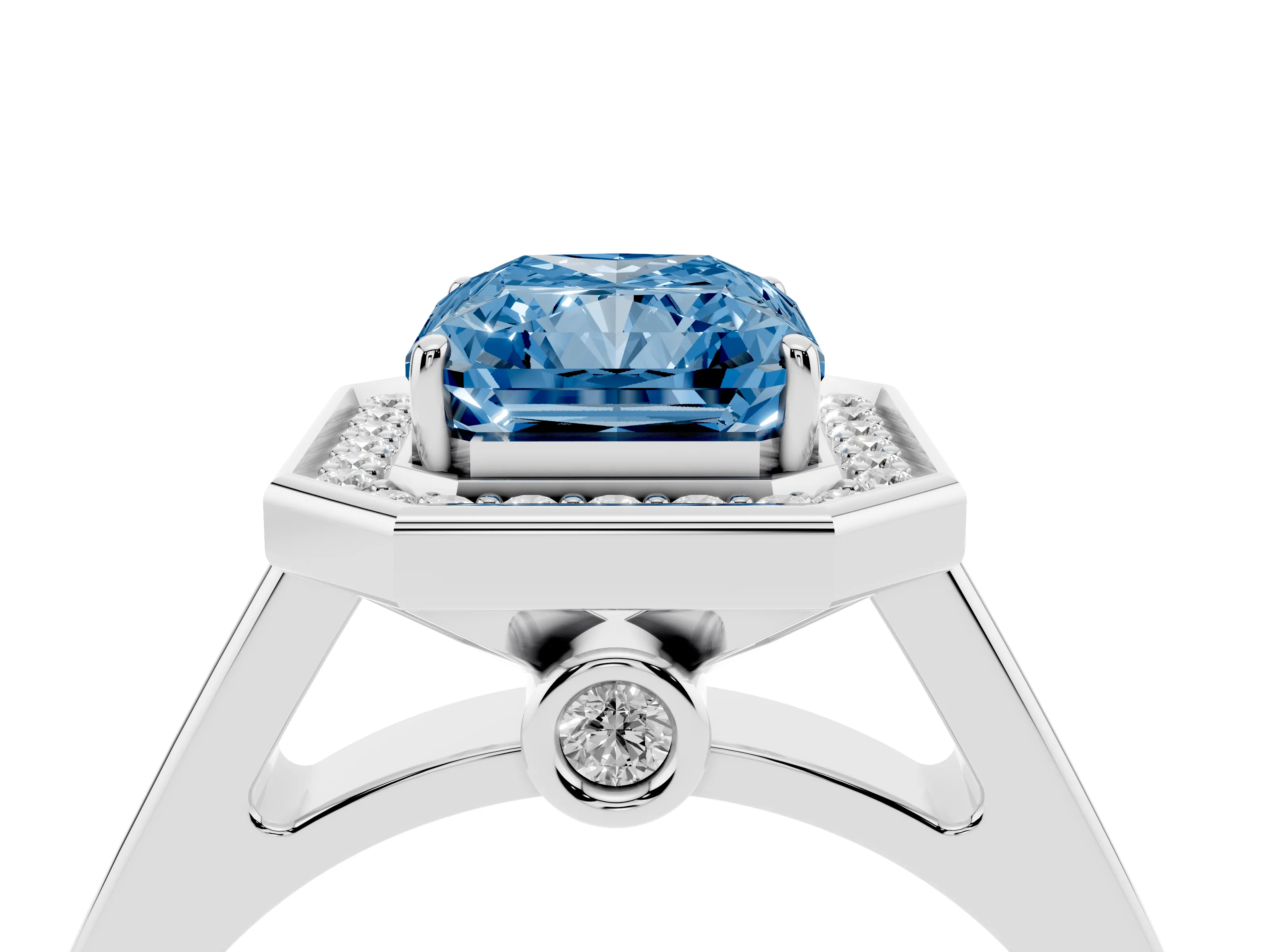 Fancy Blue Emerald Cut Diamond Halo Solitaire Ring Set in White gold with Pavé Band and Bezel Setting