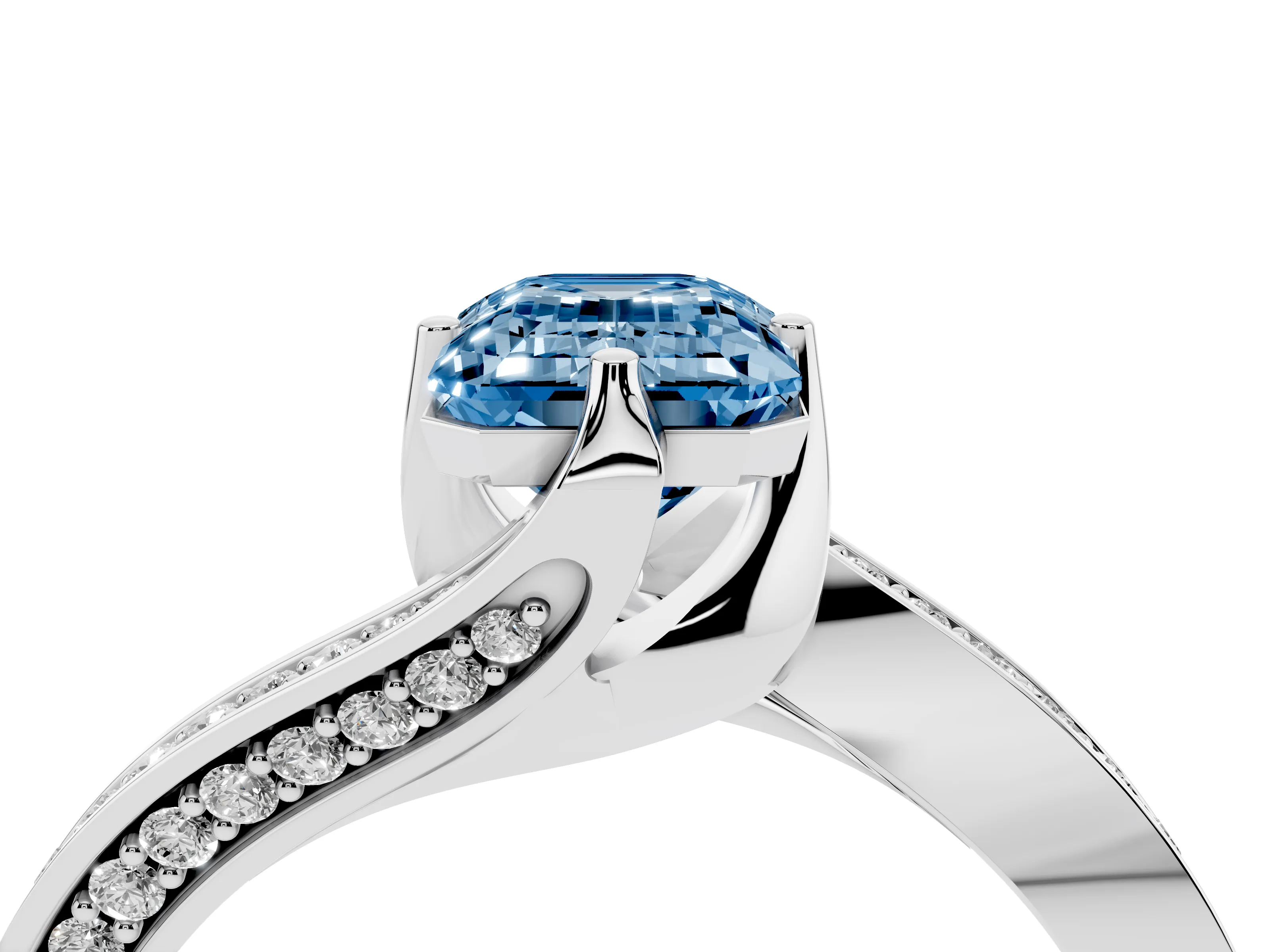 Fancy Blue Emerald Cut Diamond Solitaire Ring Set in Platinum with Intertwined Pavé Twist Band