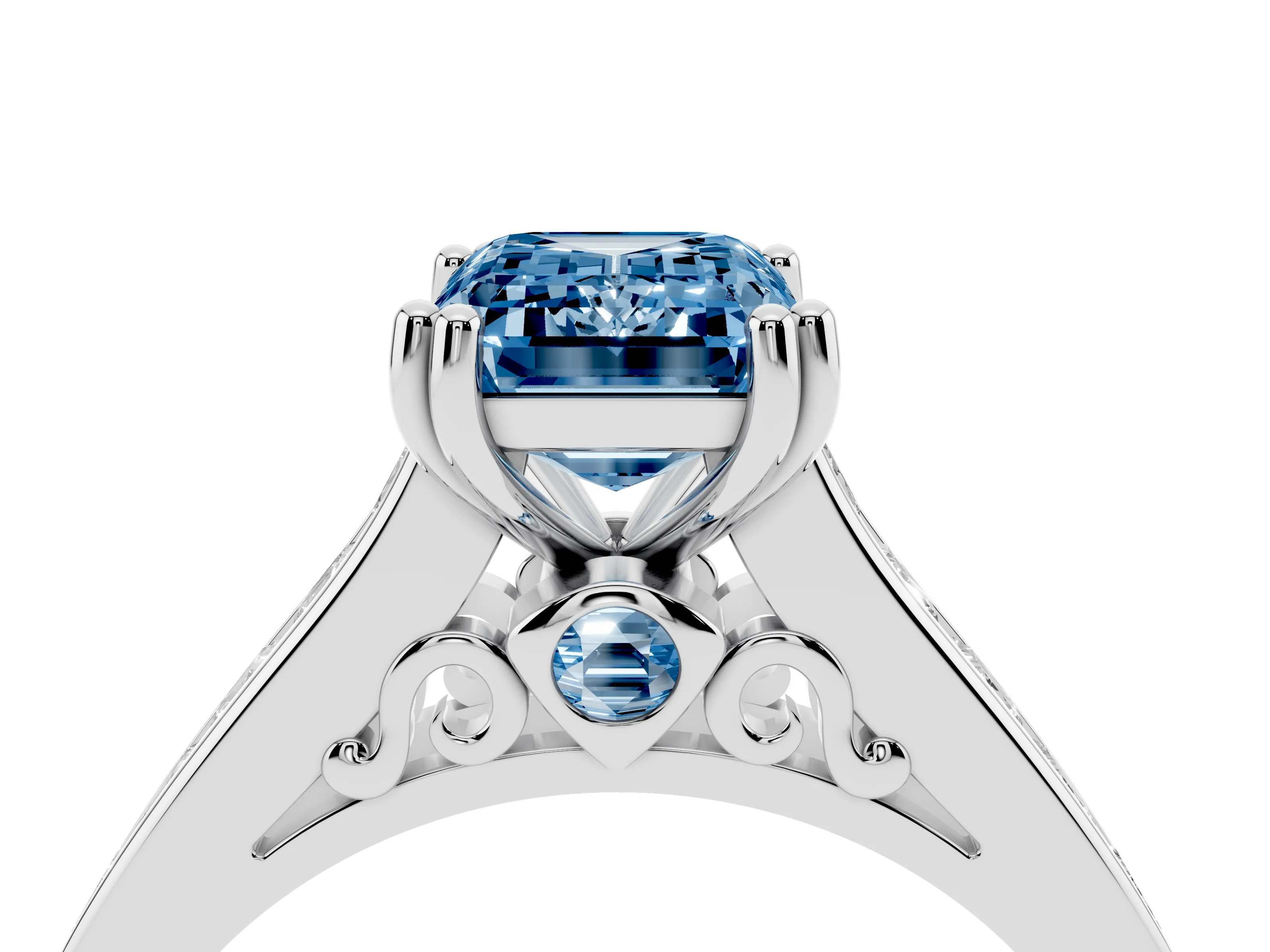 Fancy Blue Emerald Cut Diamond Channel Set Solitaire Engagement Ring Set in Platinum with Prong Setting