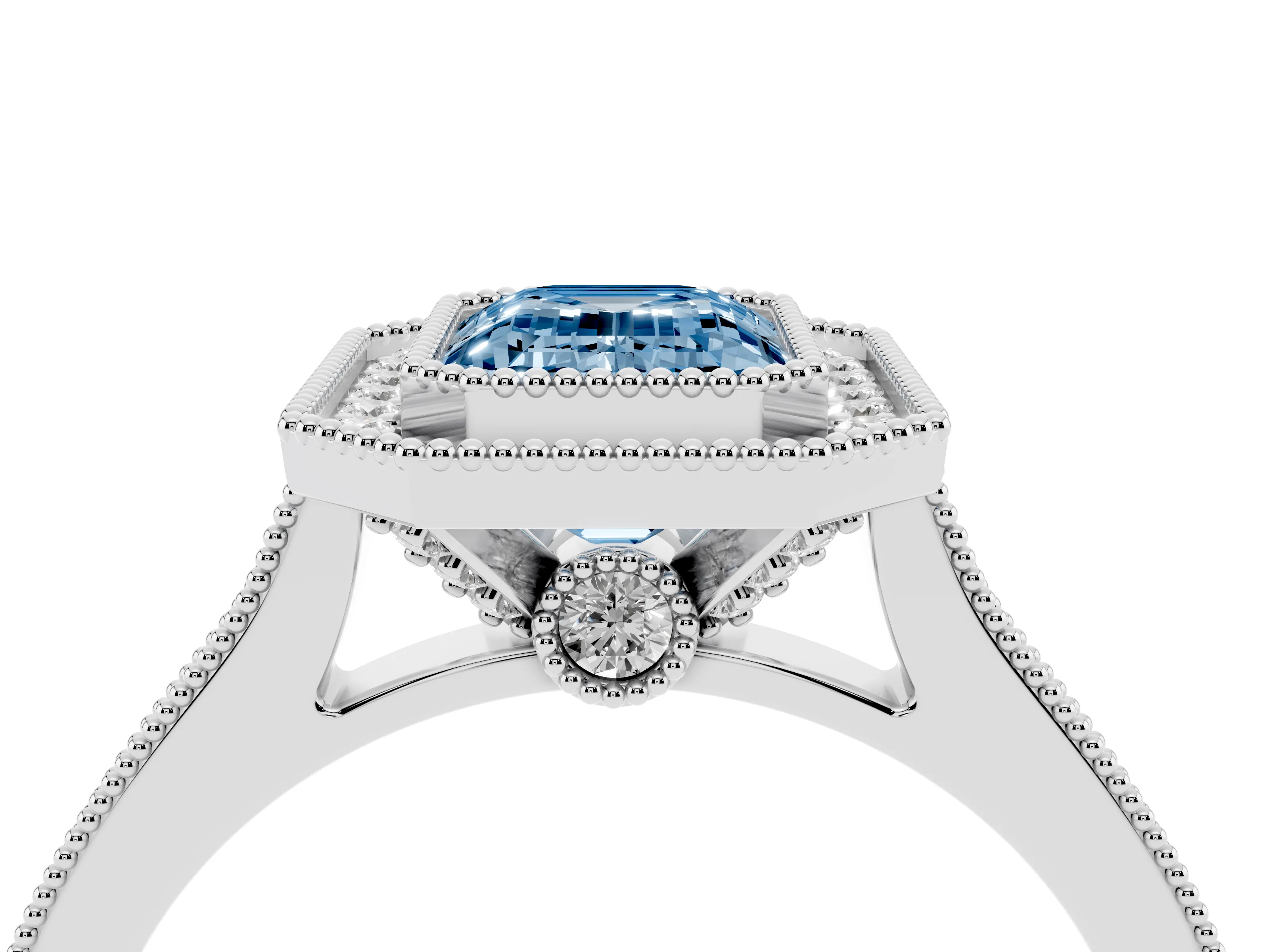 Fancy Blue Emerald Cut Diamond Halo Milgrain Pavé Band Ring Set in Silver with Prong Setting
