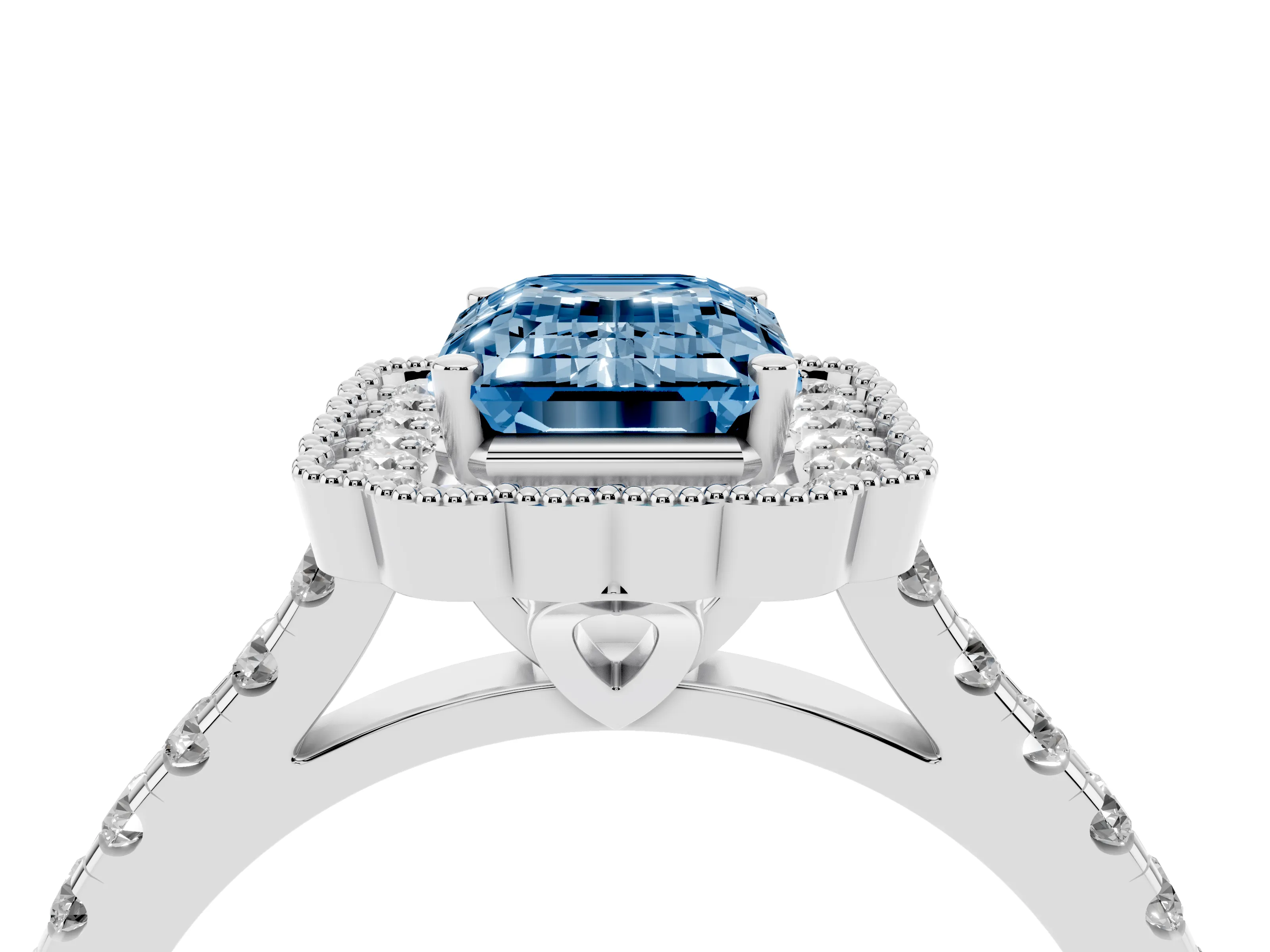 Fancy Blue Emerald Cut Diamond Milgrain Floral Halo Engagement Ring Set in White gold with Pavé Band