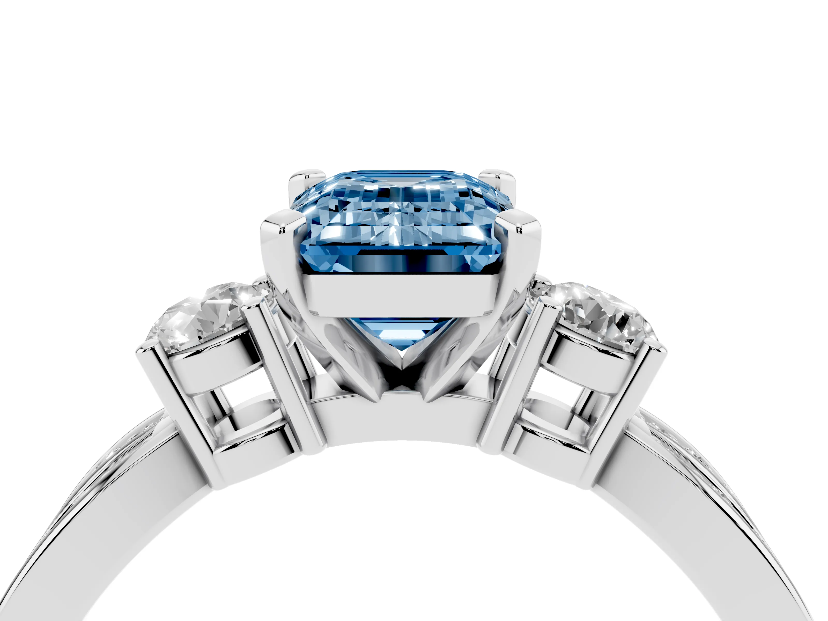 Fancy Blue Three-Stone Emerald Cut Diamond Twist Band Ring Set in White gold with Pavé Accents and Prong Setting