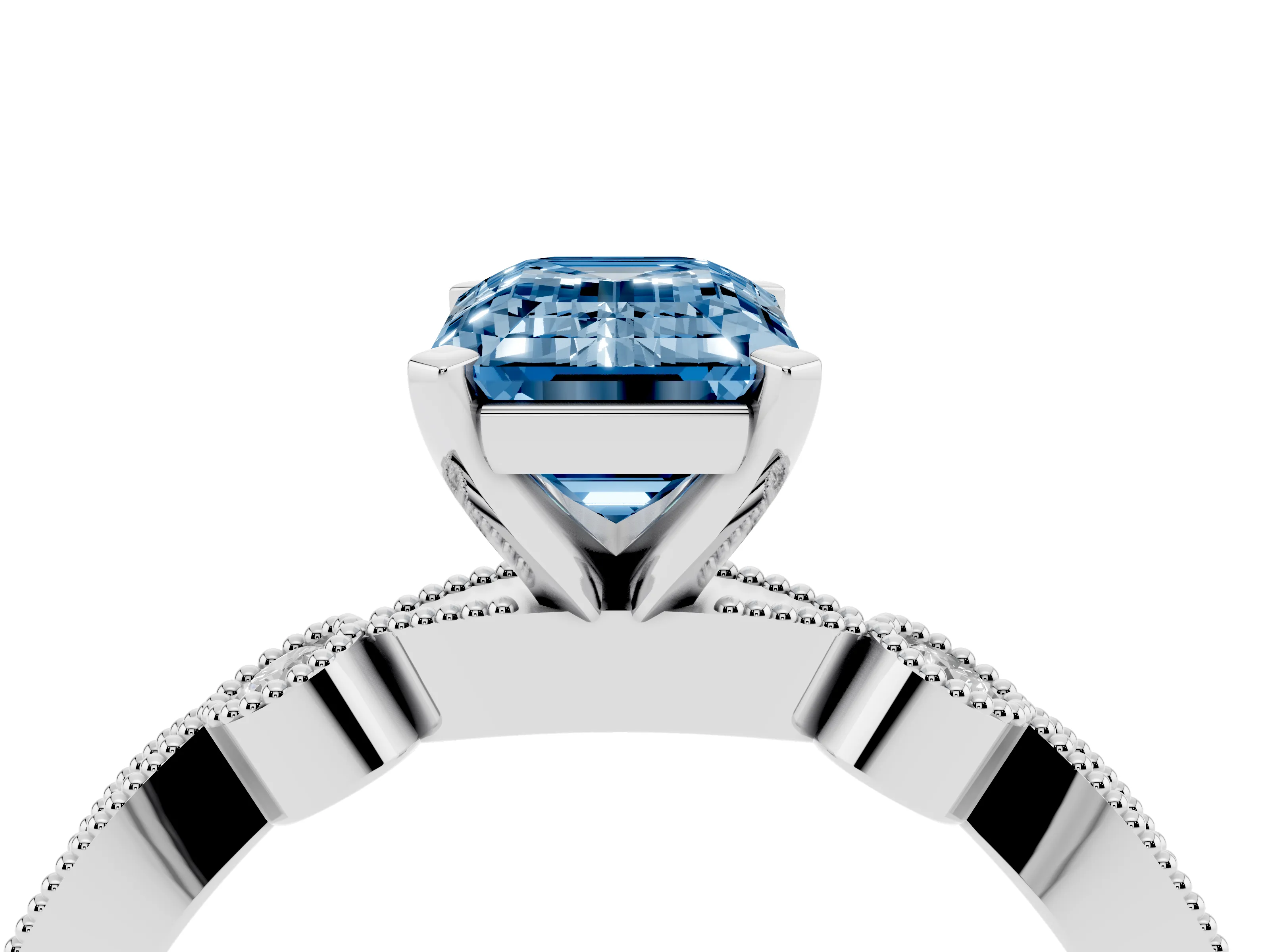 Fancy Blue Emerald Cut Diamond Solitaire Engagement Ring Set in White gold with Milgrain Bezel Accent Band