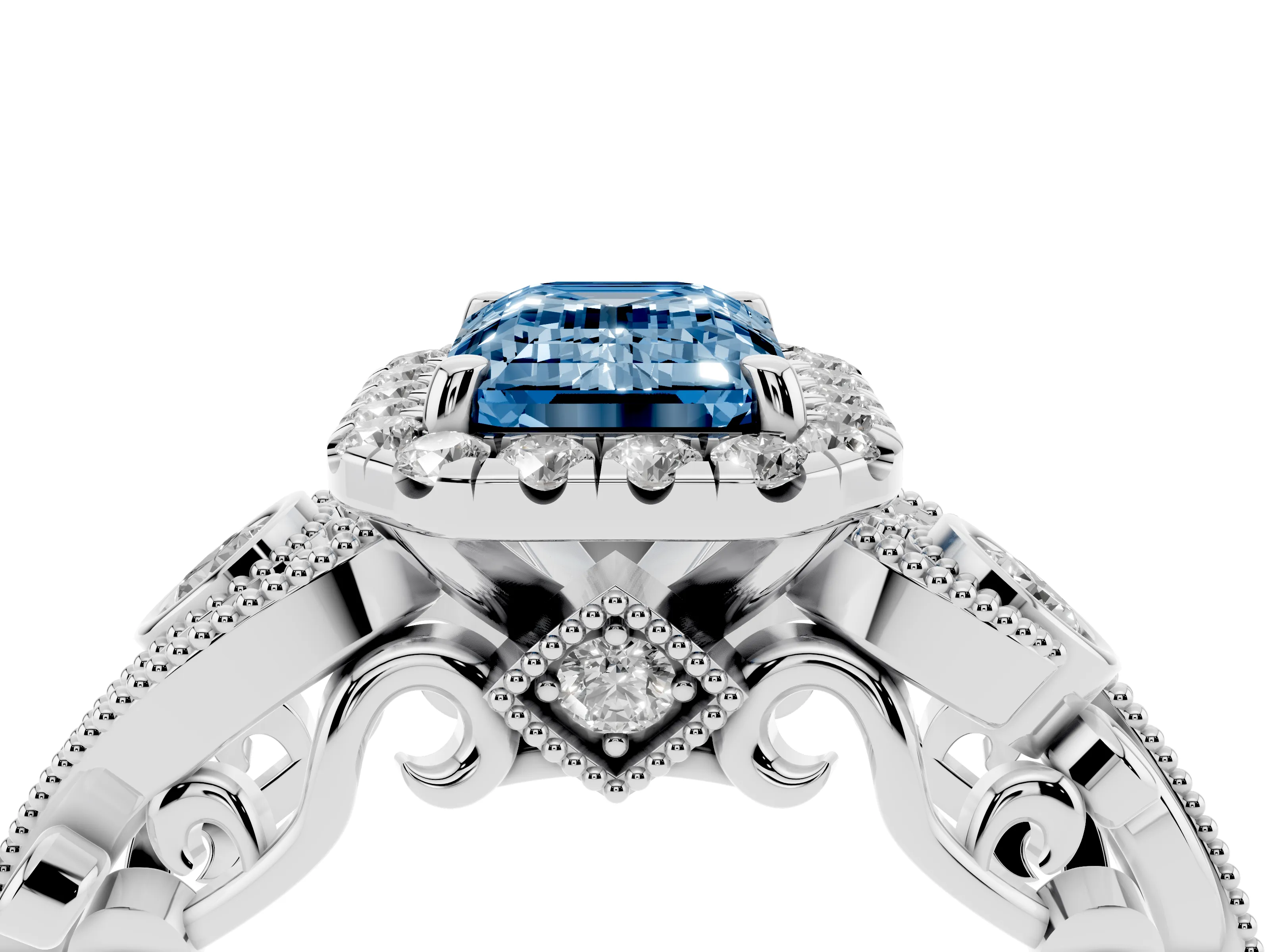 Fancy Blue Emerald Cut Diamond Halo Ring Set in Platinum with Milgrain Pavé Band and Prong Setting