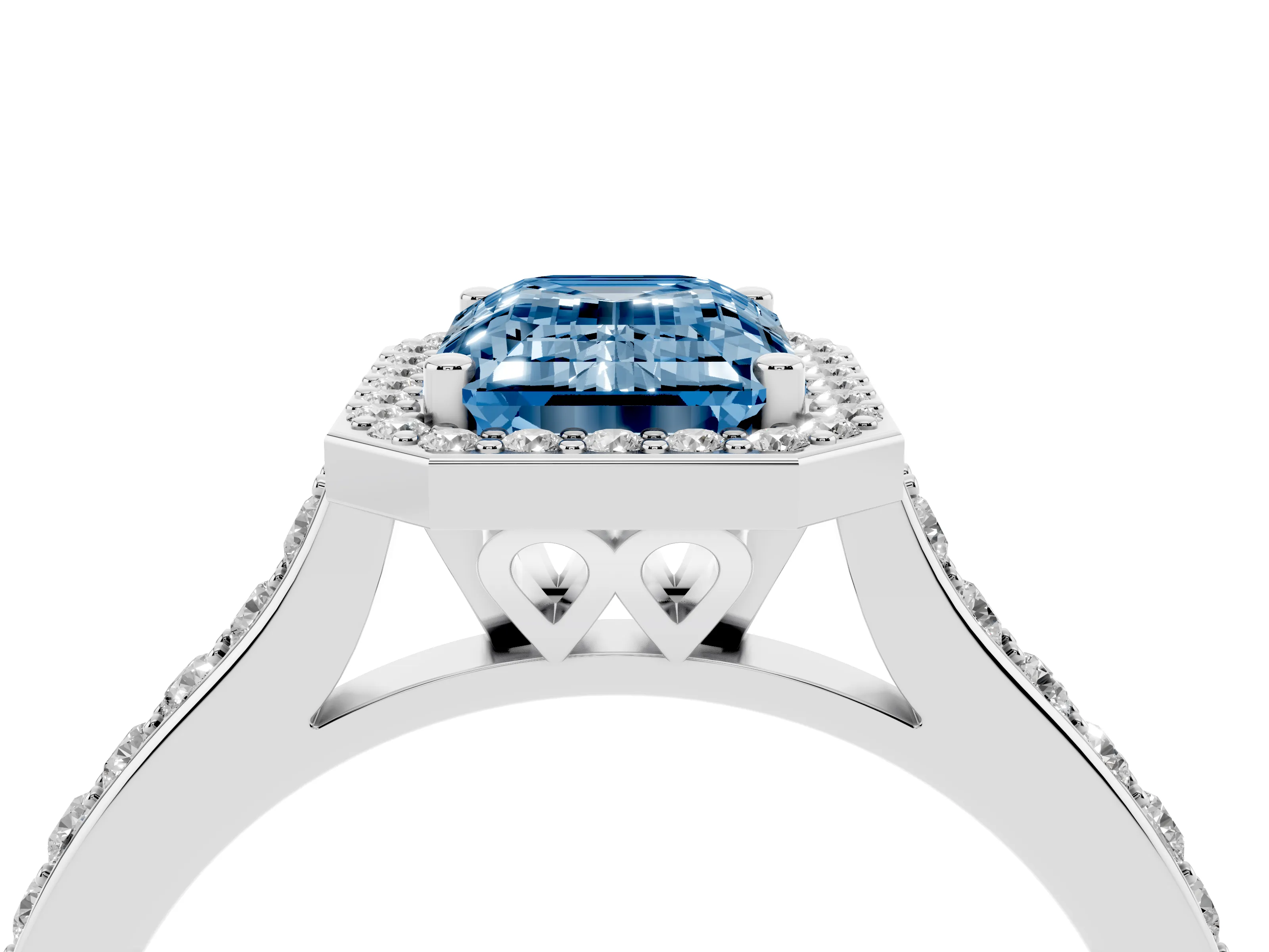 Fancy Blue Emerald Cut Diamond Halo Engagement Ring Set in Platinum with Round Pavé Shoulders and Heart Gallery