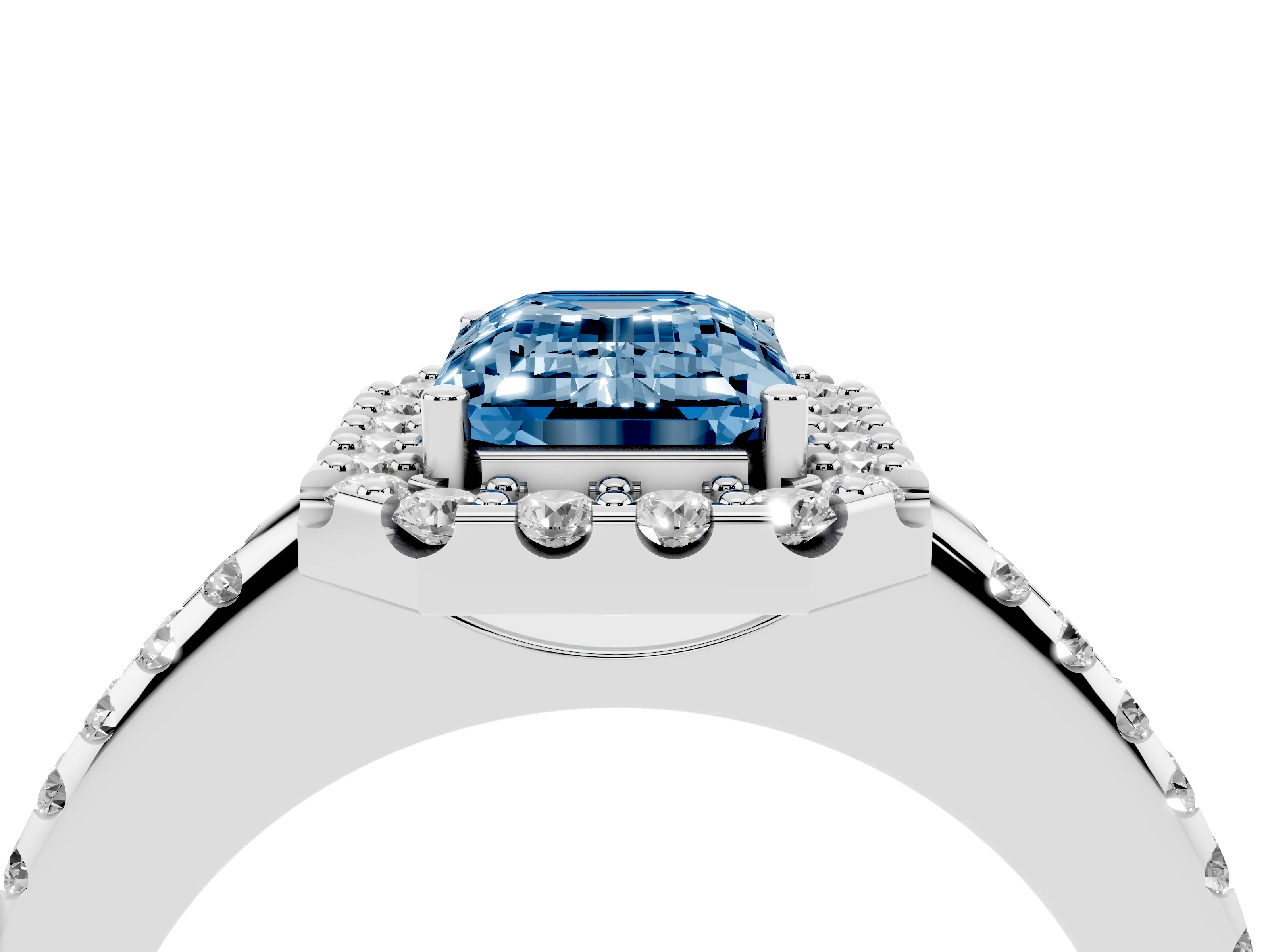 Fancy Blue Emerald Cut Diamond Pavé Halo Ring Set in Platinum with Prong Setting