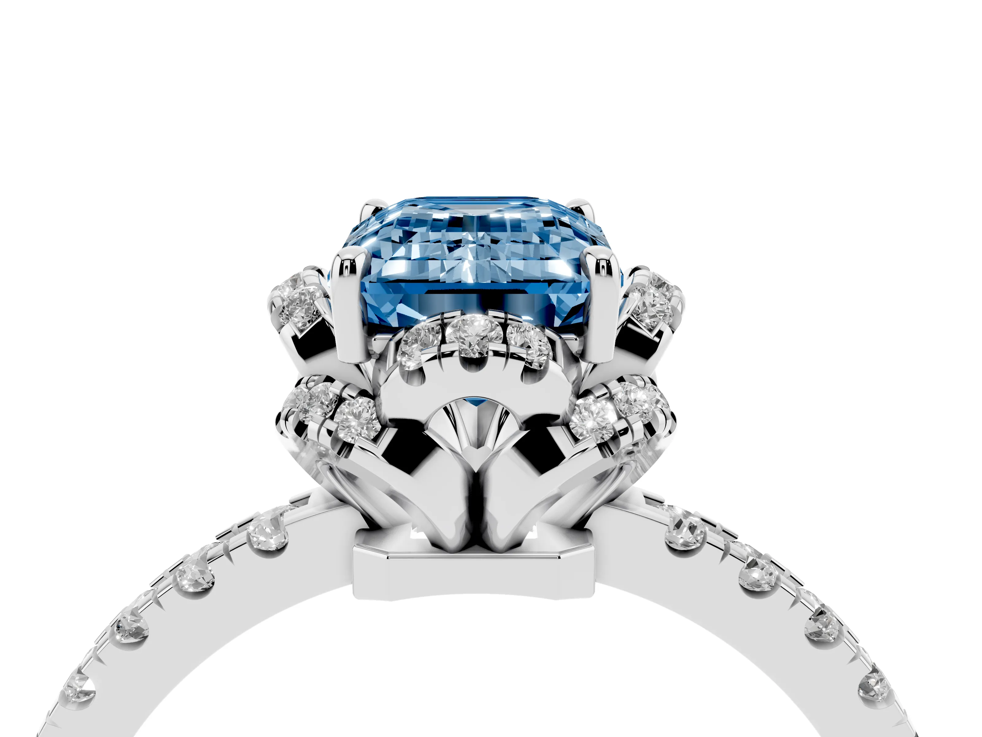 Fancy Blue Emerald Cut Diamond Halo Pavé Band Ring Set in Platinum with Prong-Held Center