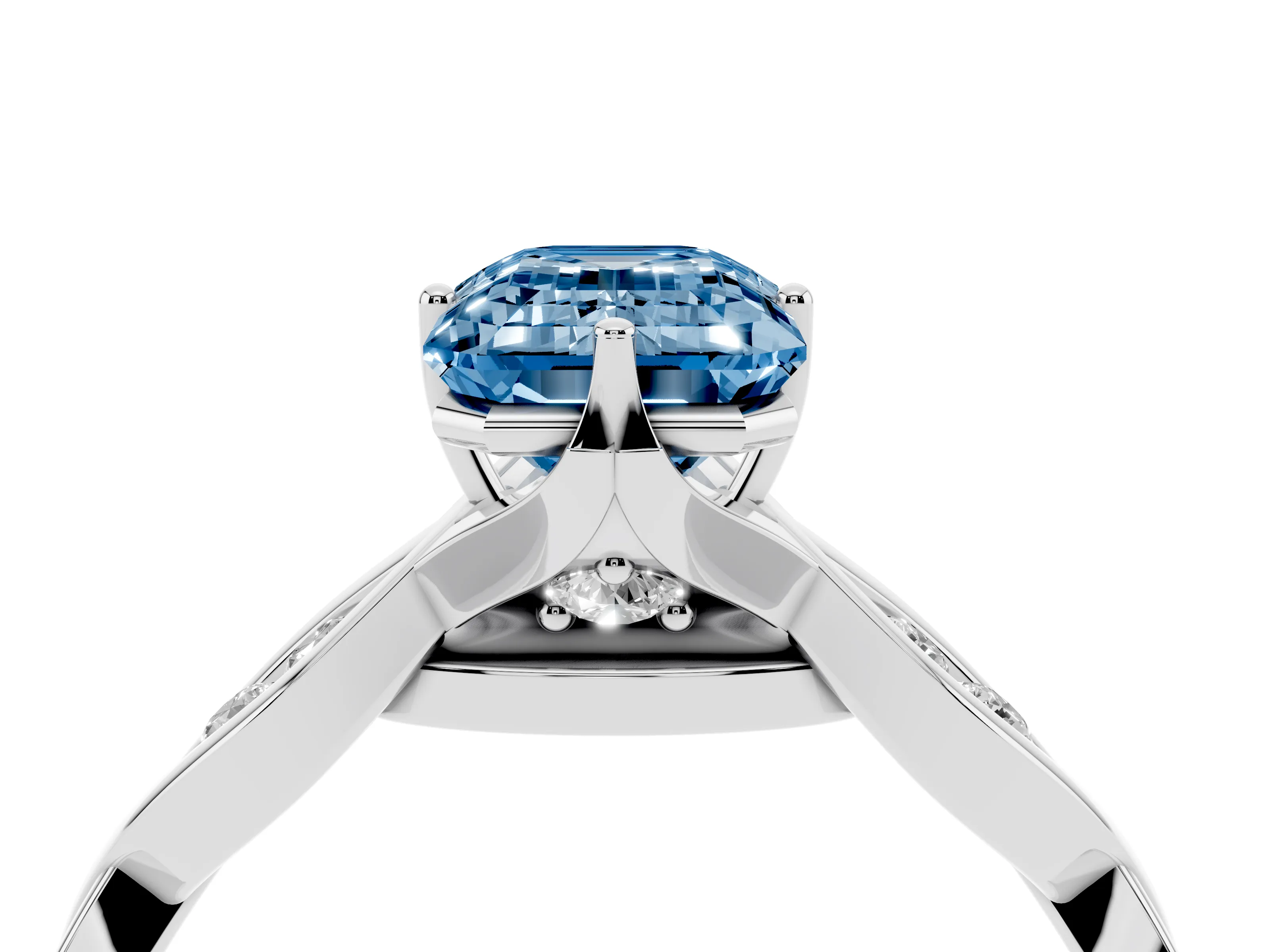 Fancy Blue Emerald Cut Diamond Twist Band Solitaire Ring Set in Silver with Leaf Prong Setting and Accent Stones