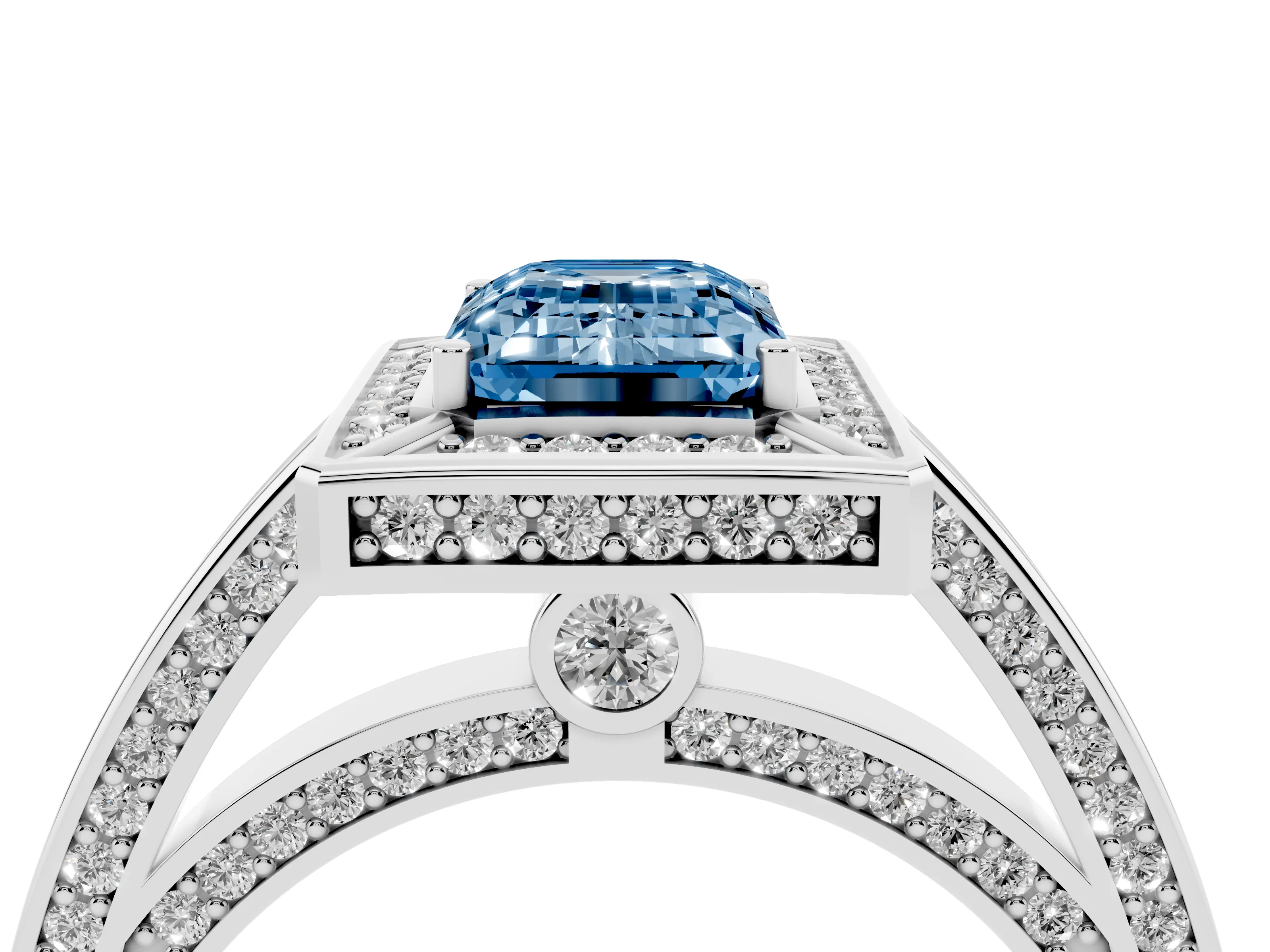 Fancy Blue Emerald Cut Diamond Halo Pavé Split Shank Ring Set in Silver with Prong Setting