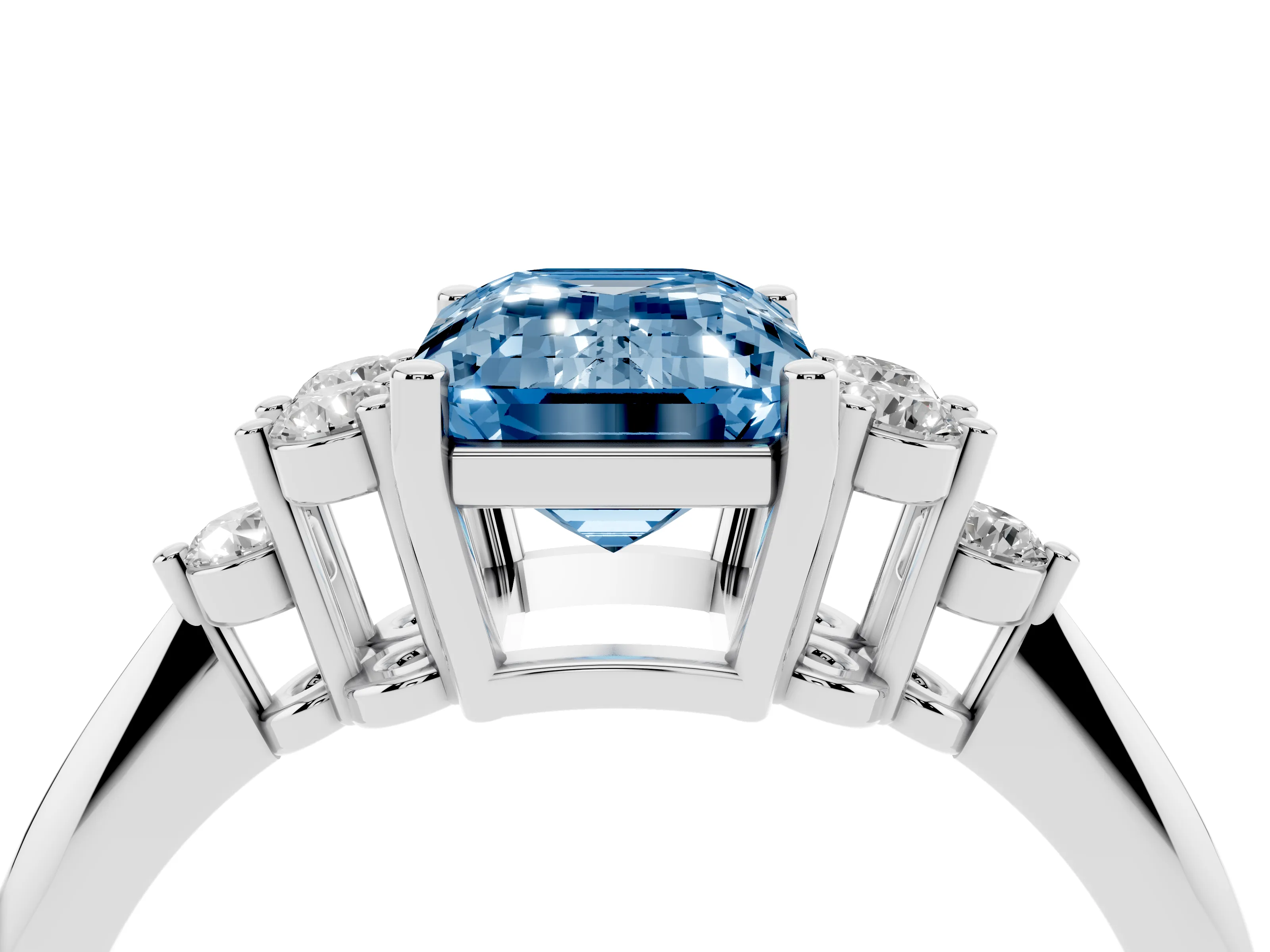 Fancy Blue Emerald Cut Diamond Cluster Ring Set in White gold with Plain Band and Prong Setting