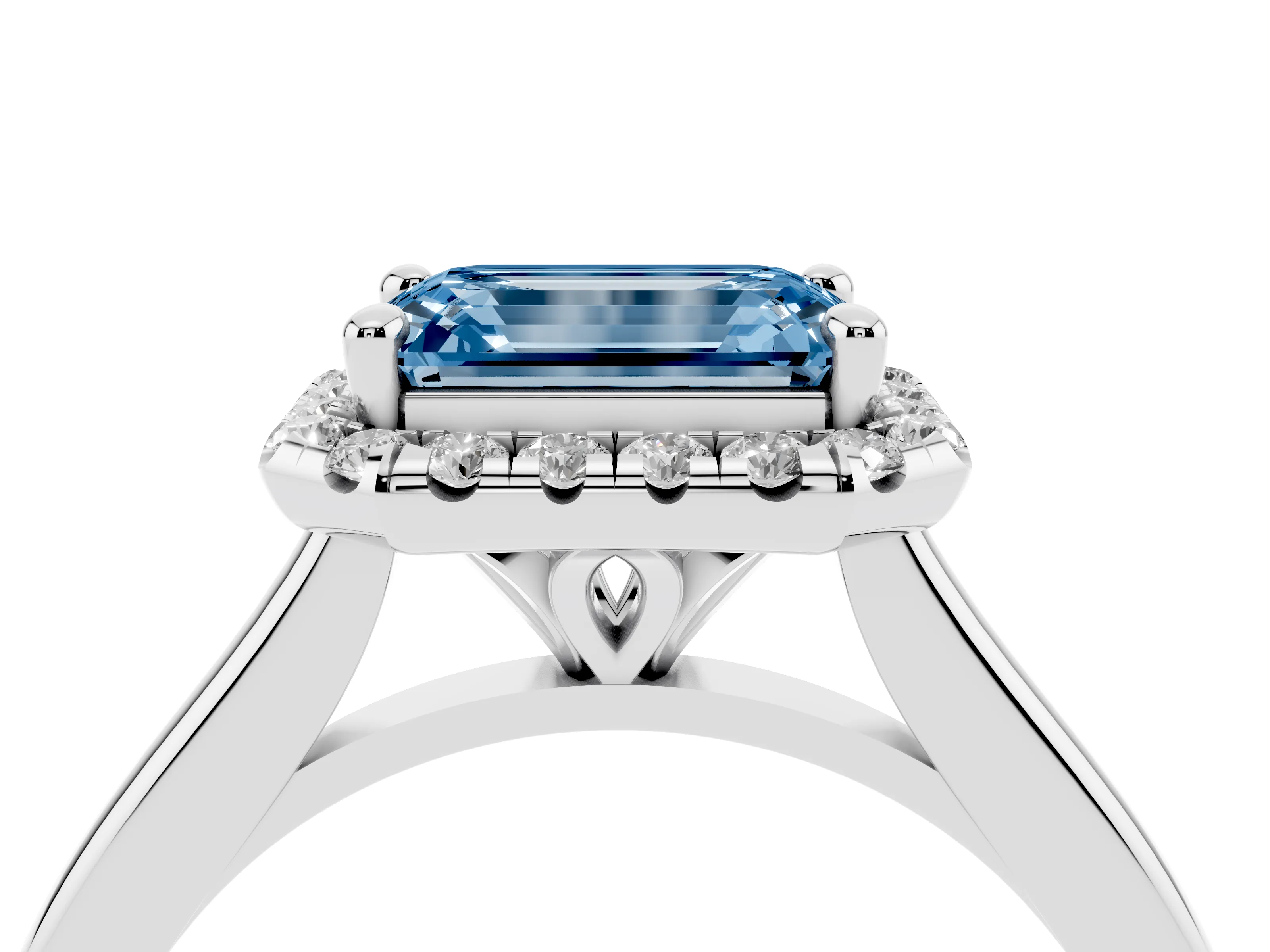 Fancy Blue Emerald Cut Diamond Halo Engagement Ring Set in Silver with Pavé Band and Rising Shoulders