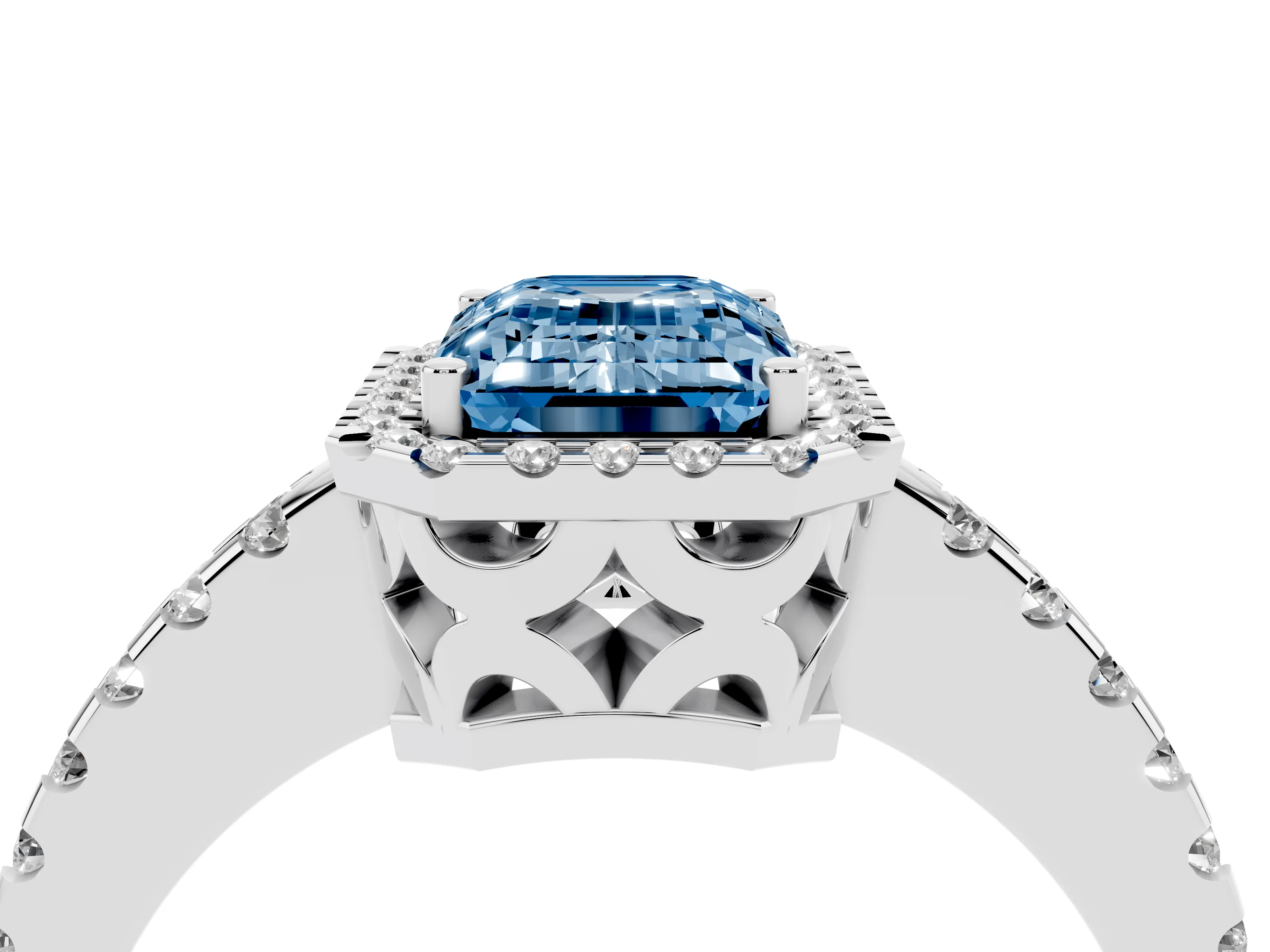 Fancy Blue Emerald Cut Diamond Halo Ring Set in White gold with Pavé Shoulders and Halo-Framed Center