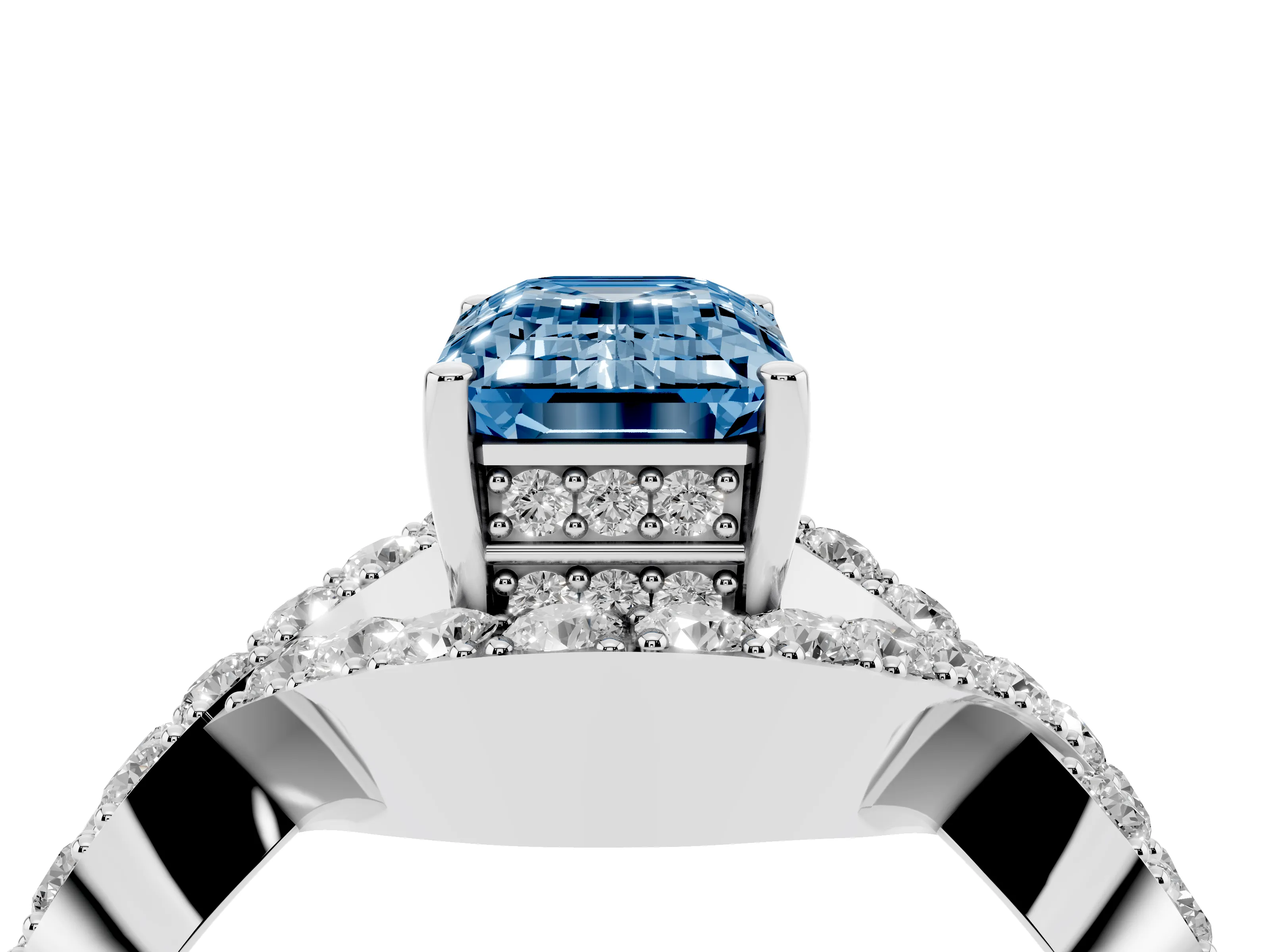 Fancy Blue Emerald Cut Diamond Solitaire Twist Band Pavé Engagement Ring Set in White gold
