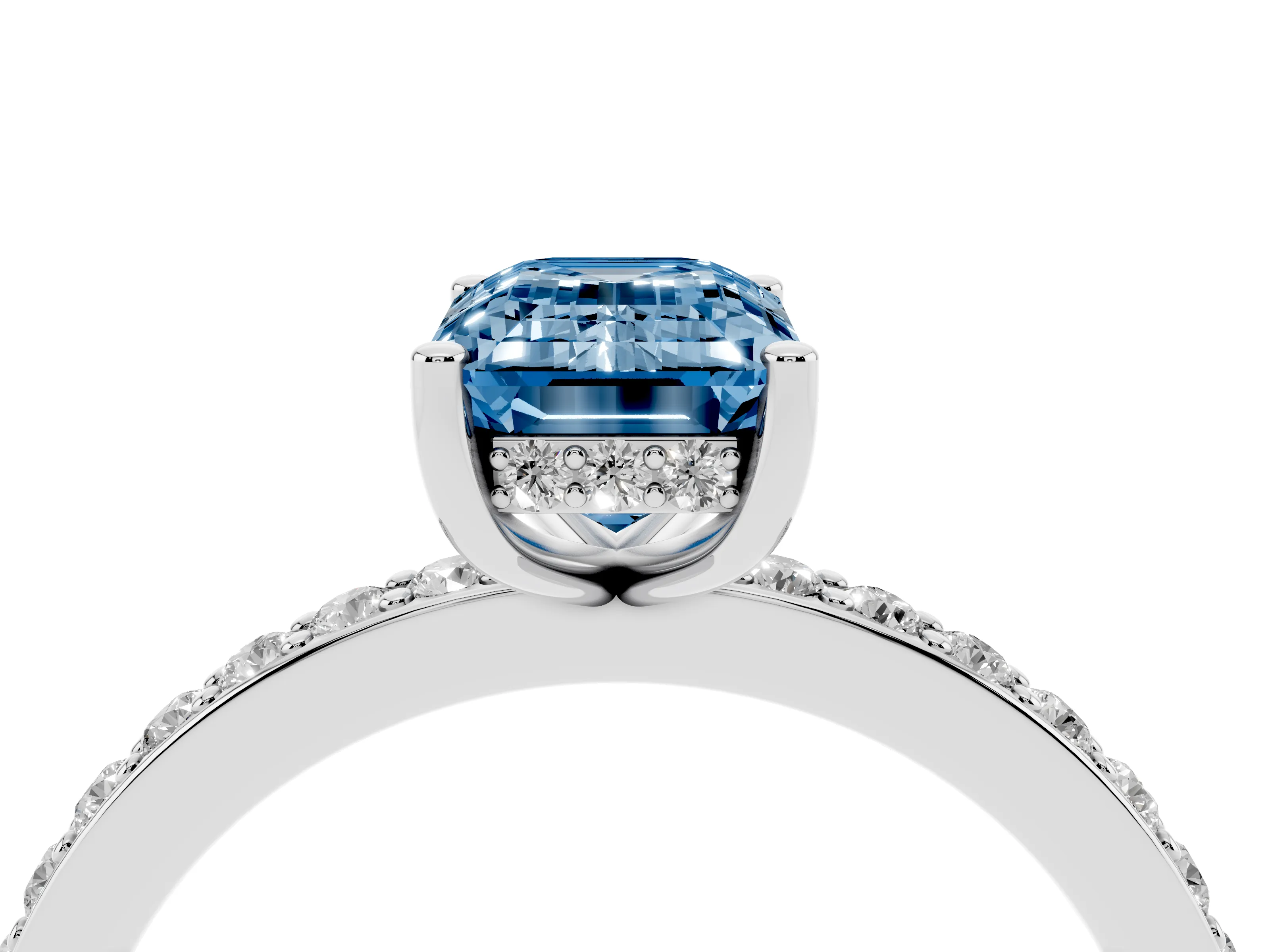 Fancy Blue Emerald Cut Diamond Pavé Band Ring Set in Silver with Prong-Set Center Stone
