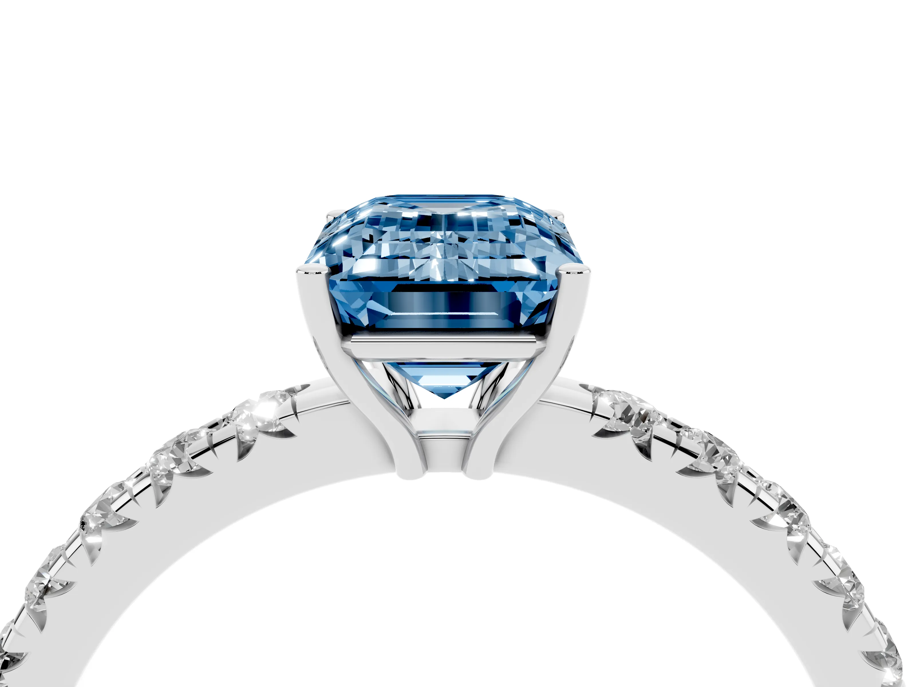 Fancy Blue Emerald Cut Diamond Pavé Solitaire Engagement Ring Set in Platinum with Prong Setting