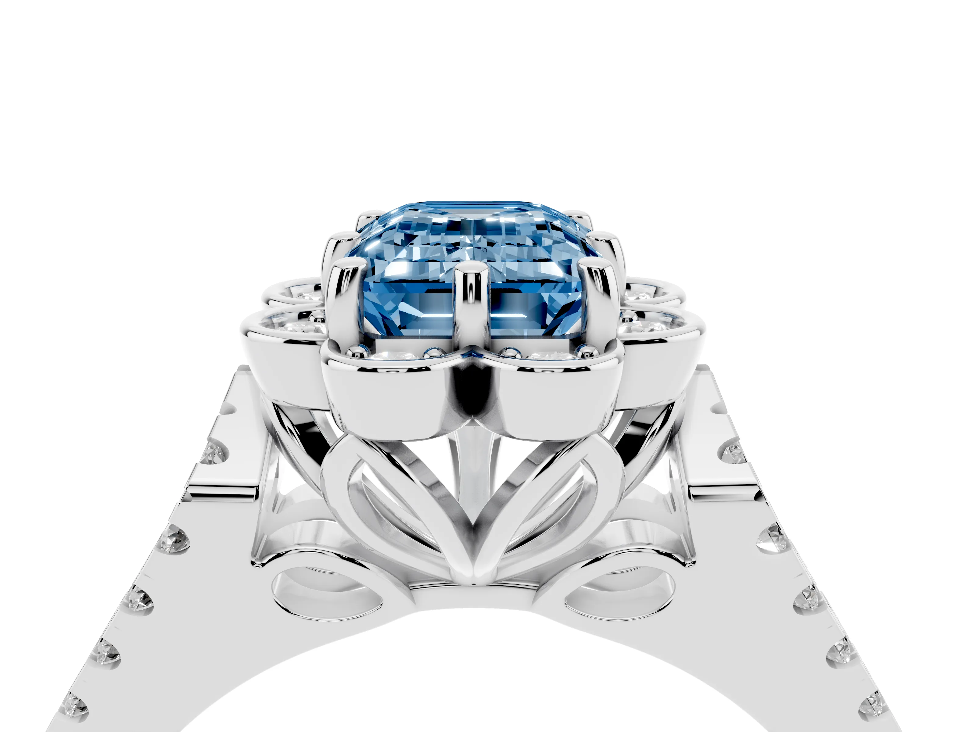 Fancy Blue Emerald Cut Diamond Floral Halo Split Shank Engagement Ring Set in Platinum with Pavé Shank