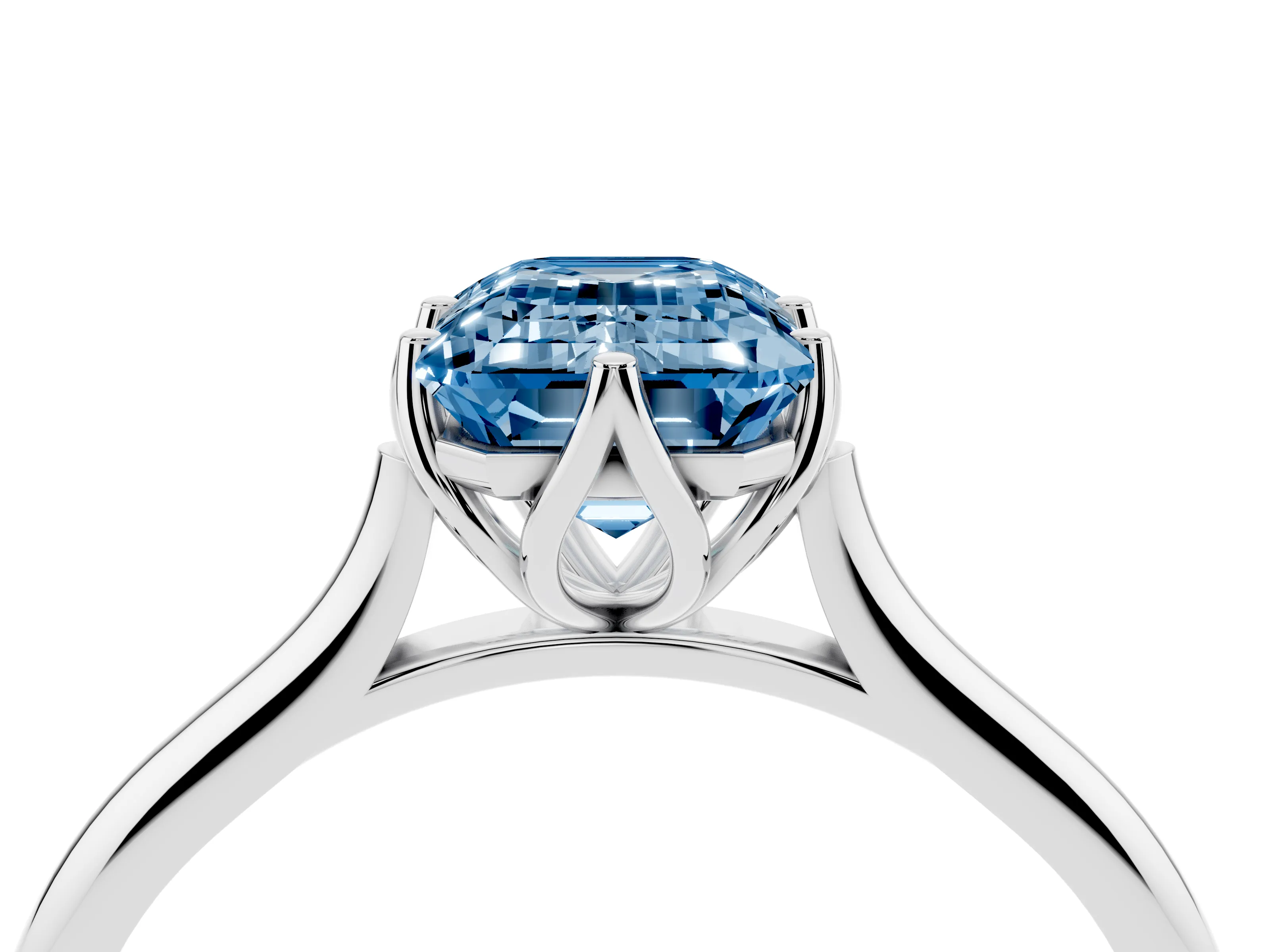 Fancy Blue Emerald Cut Diamond Solitaire Cathedral Ring Set in Platinum with Prong Setting