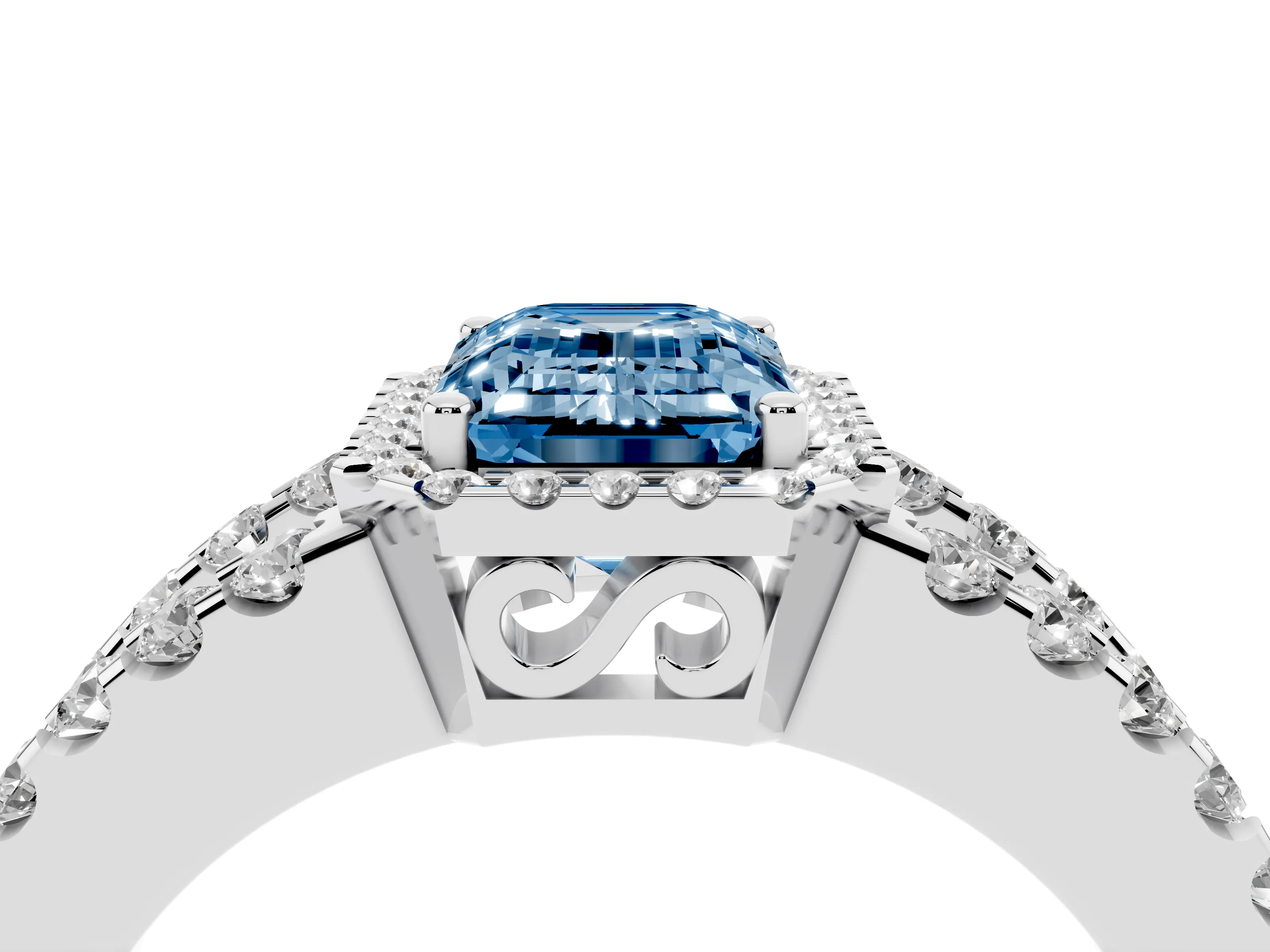 Fancy Blue Emerald Cut Diamond Halo Ring Set in White gold with Pavé Split Shank and Prong Setting