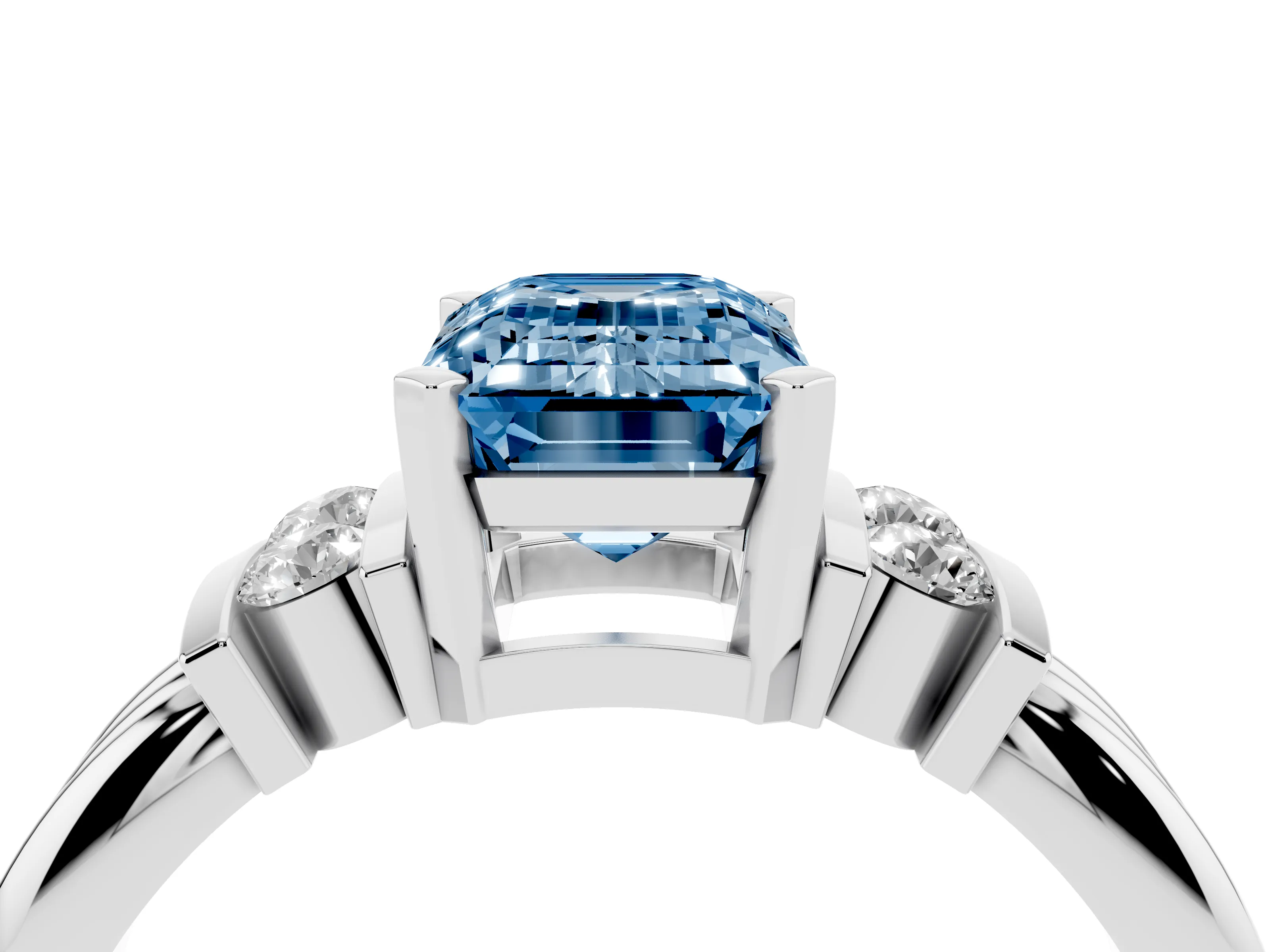 Fancy Blue Three-Stone Emerald Cut Diamond Channel Set Ring Set in Silver with Bar Prongs