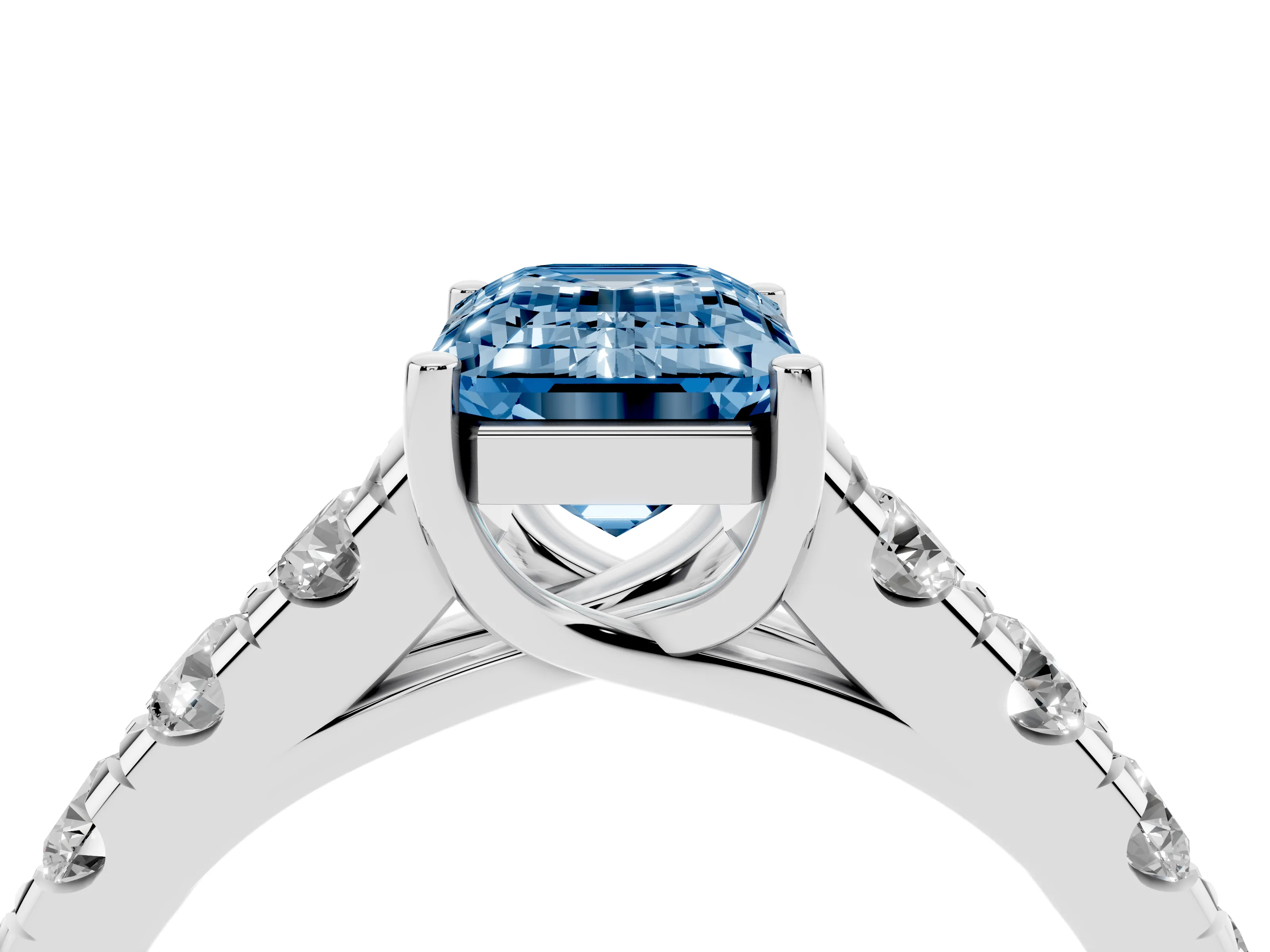 Fancy Blue Emerald Cut Diamond Solitaire Ring Set in Silver with Cut-Down Micro Pavé Band and Prong Setting
