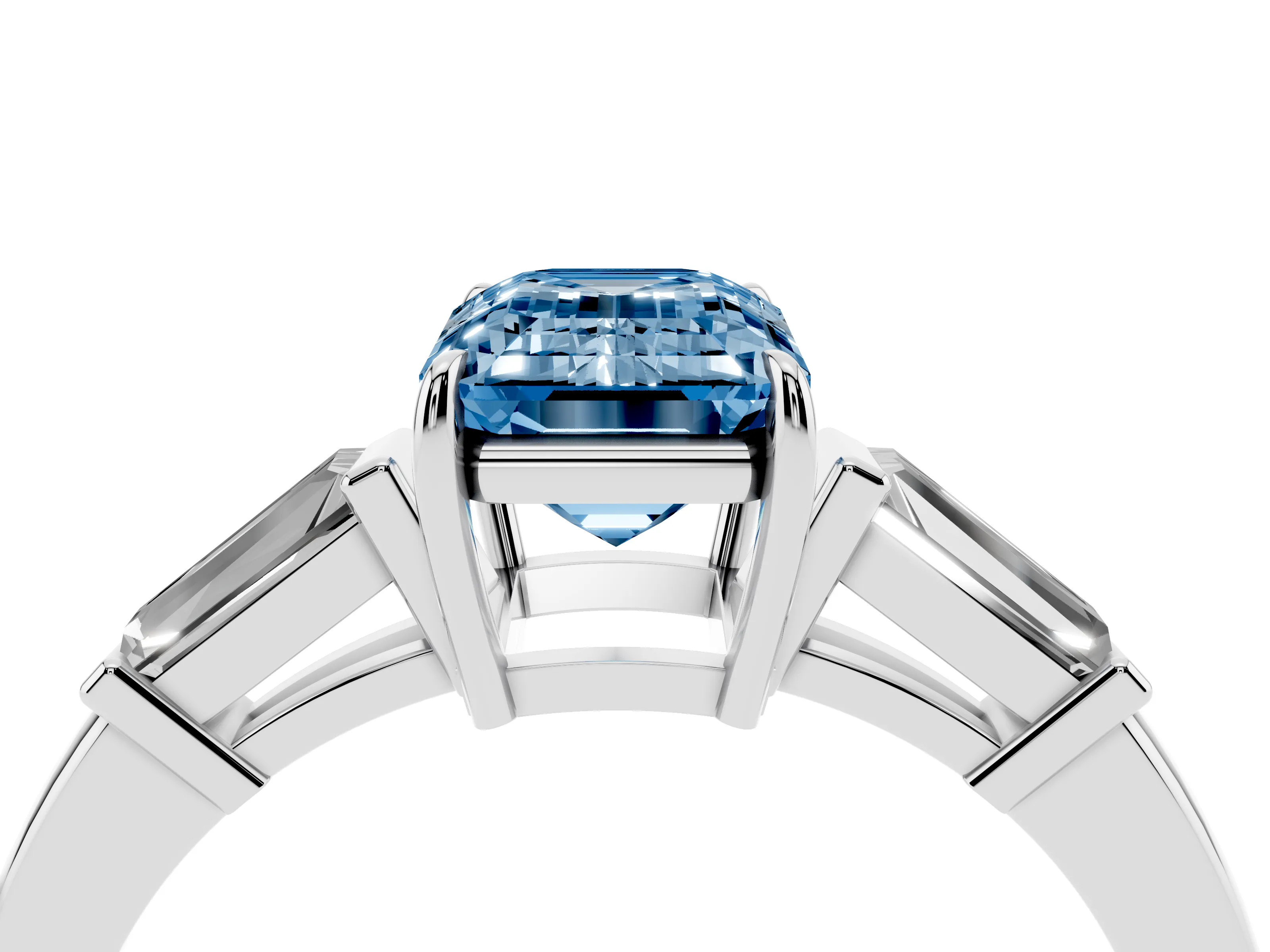 Fancy Blue Emerald Cut Diamond Three-Stone Ring Set in Platinum with Tapered Baguette Side Stones and Prong Setting