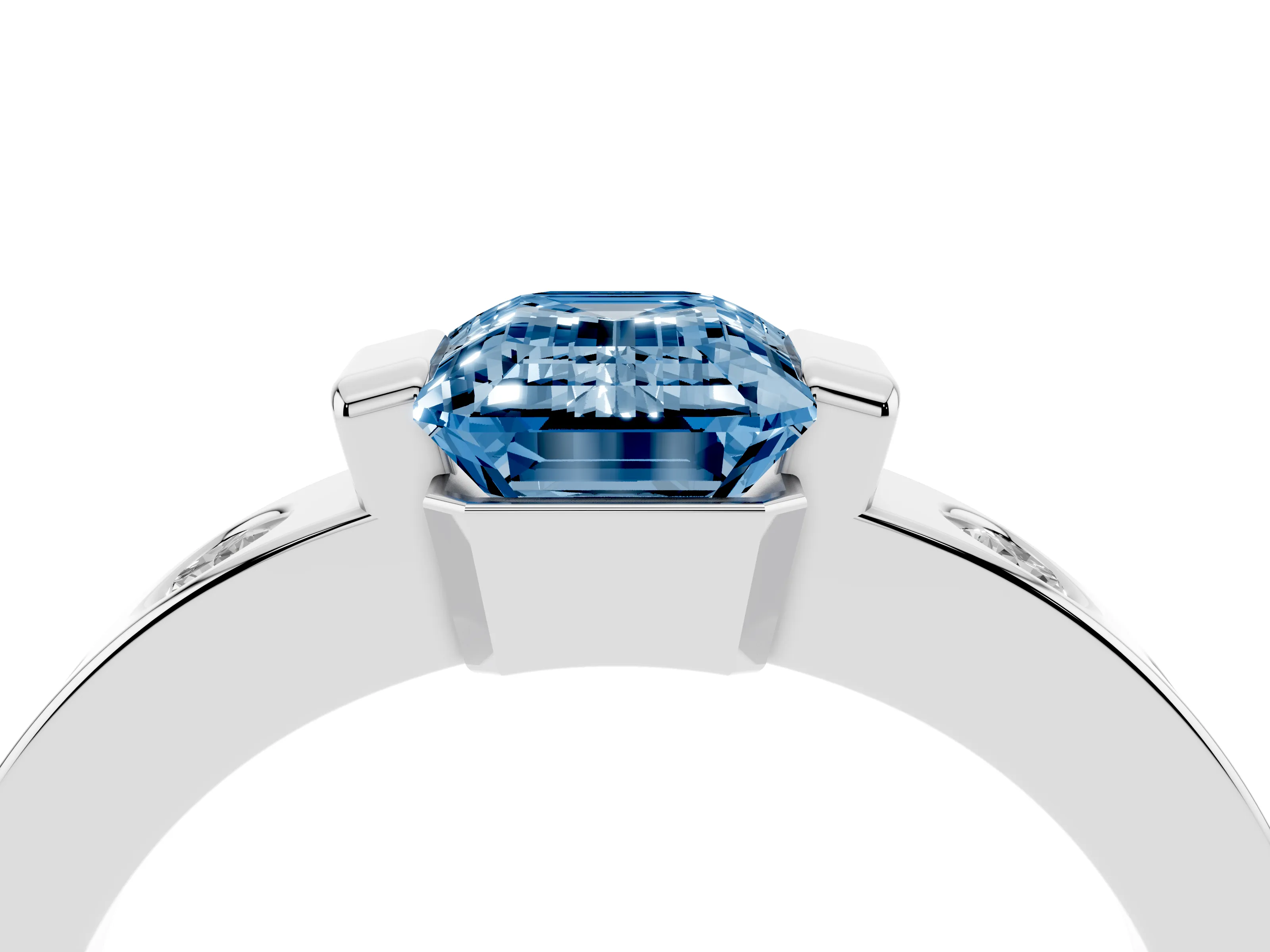 Fancy Blue Emerald Cut Diamond Channel-Set Band Ring Set in Platinum with Bezel Prong Setting