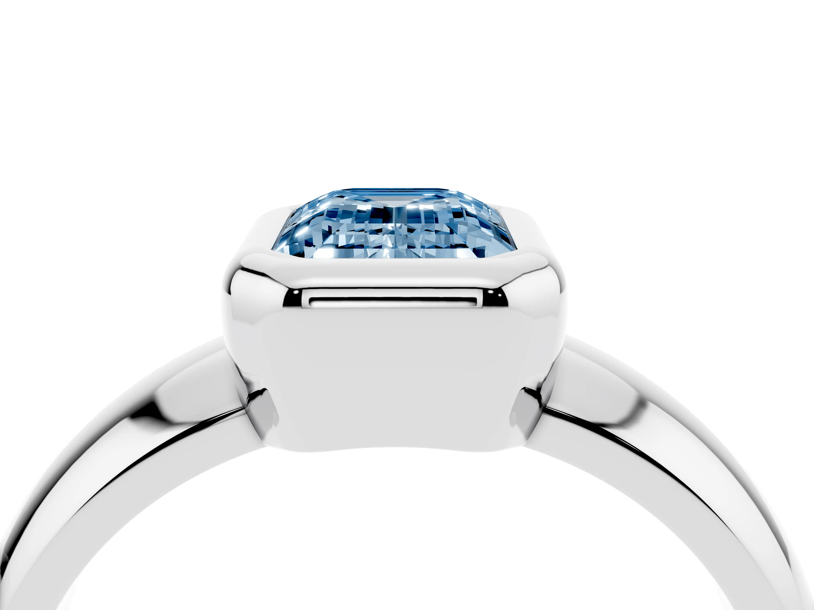 Fancy Blue Bezel Set Emerald Cut Diamond Solitaire Ring Set in White gold with Wide Band