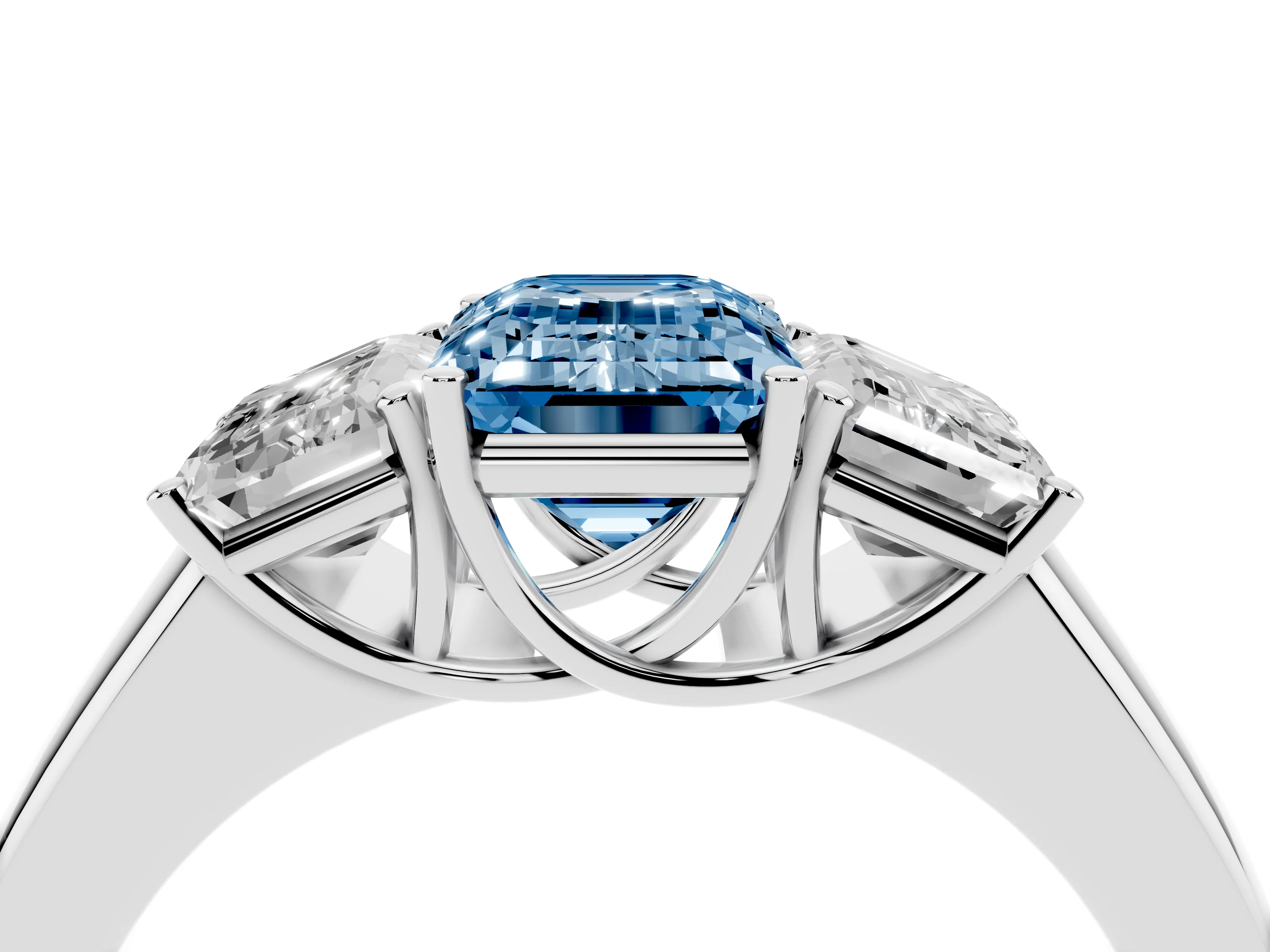 Fancy Blue Three-Stone Emerald Cut Diamond Ring Set in Platinum with Matching Prong Settings and Plain Band