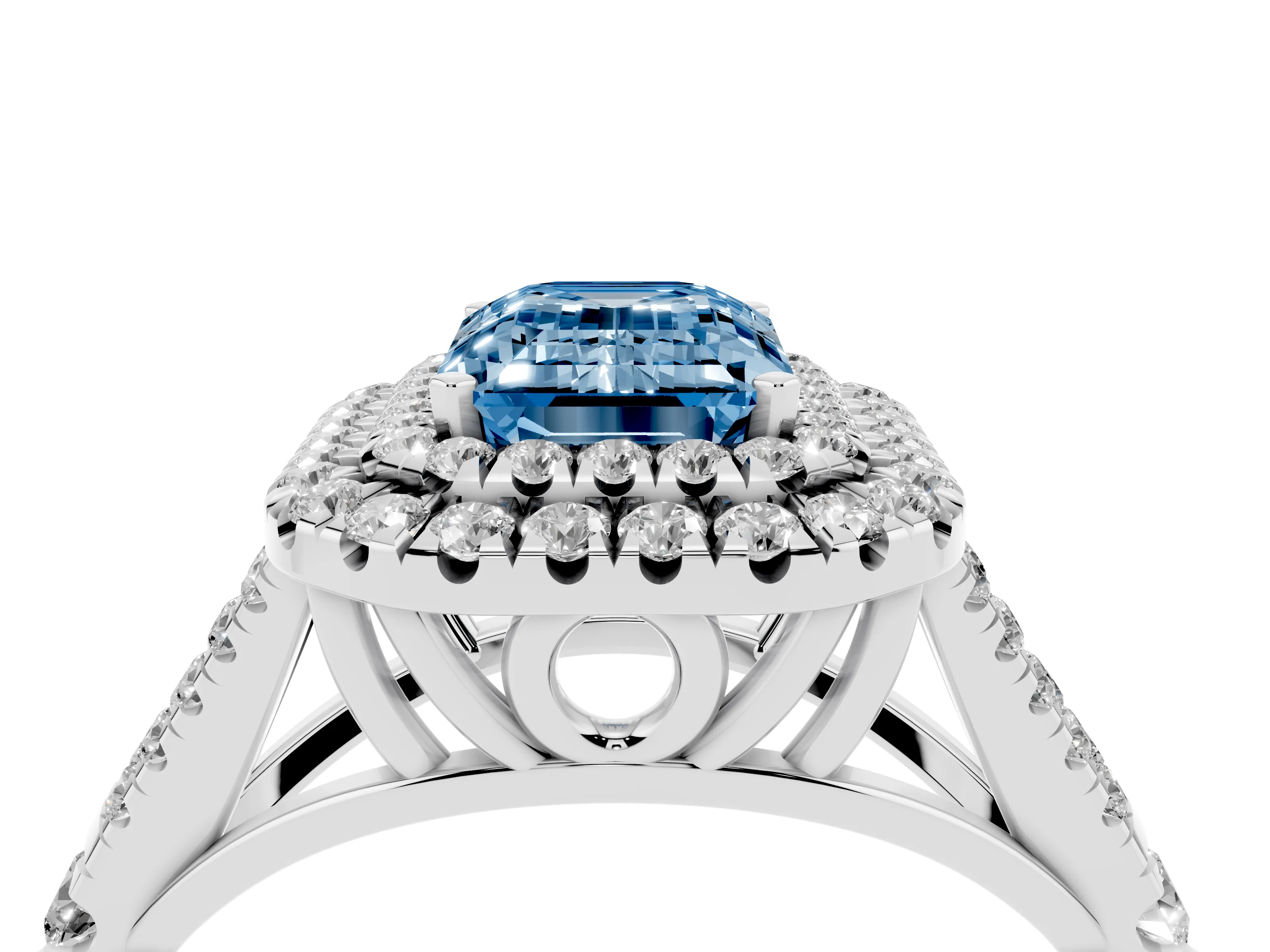 Fancy Blue Emerald Cut Diamond Pavé Split Shank Double Halo Engagement Ring Set in Platinum