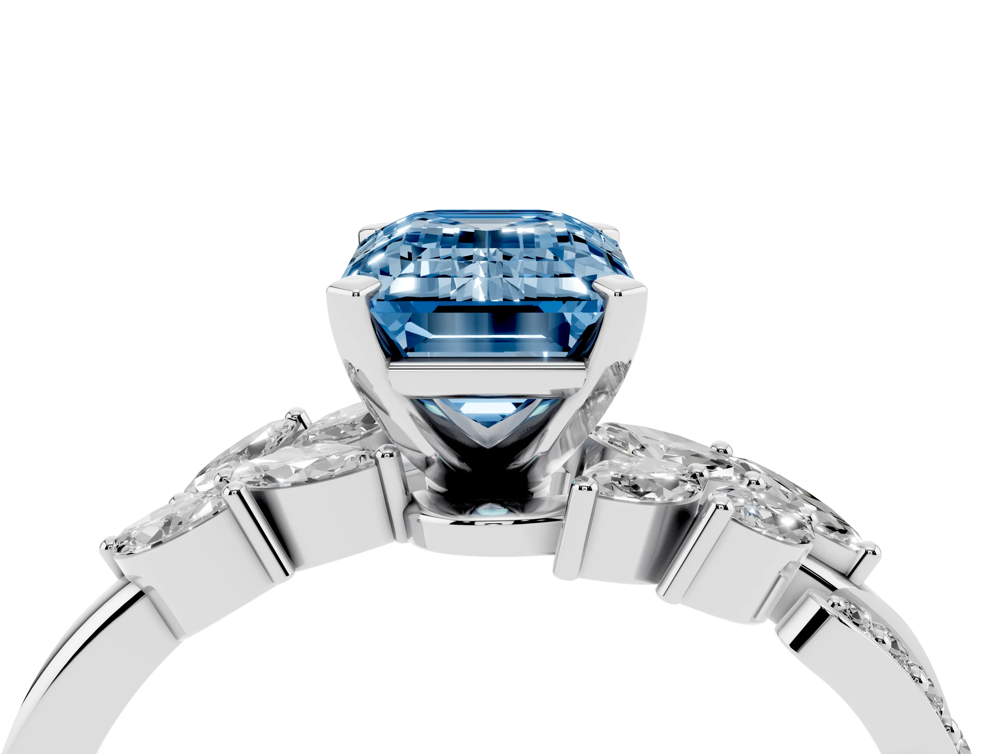 Fancy Blue Emerald Cut Diamond Solitaire Ring Set in Silver with Marquise Twist Band and Prong Setting