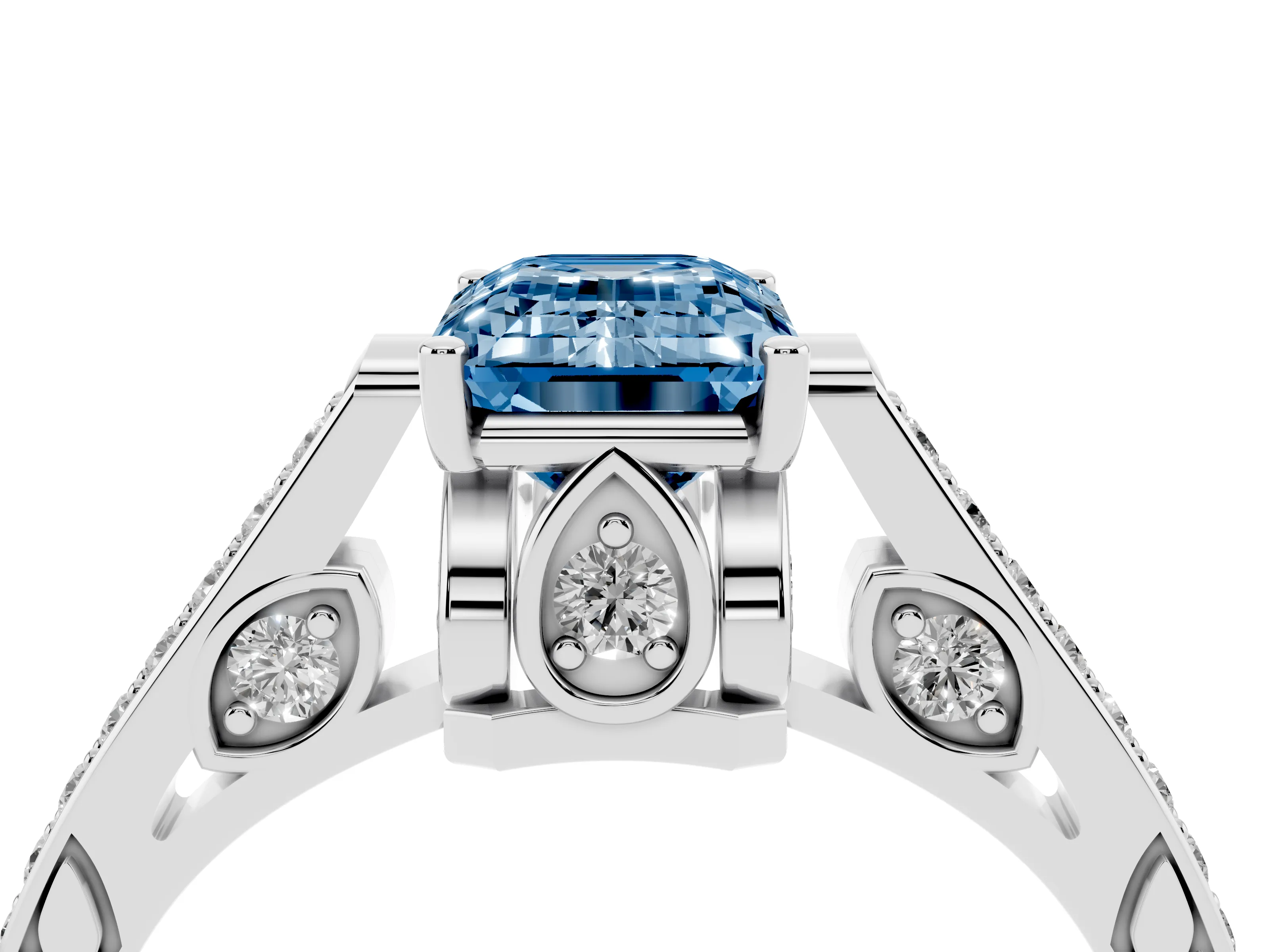 Fancy Blue Emerald Cut Diamond Cathedral Pavé Engagement Ring Set in Silver with Prong Setting
