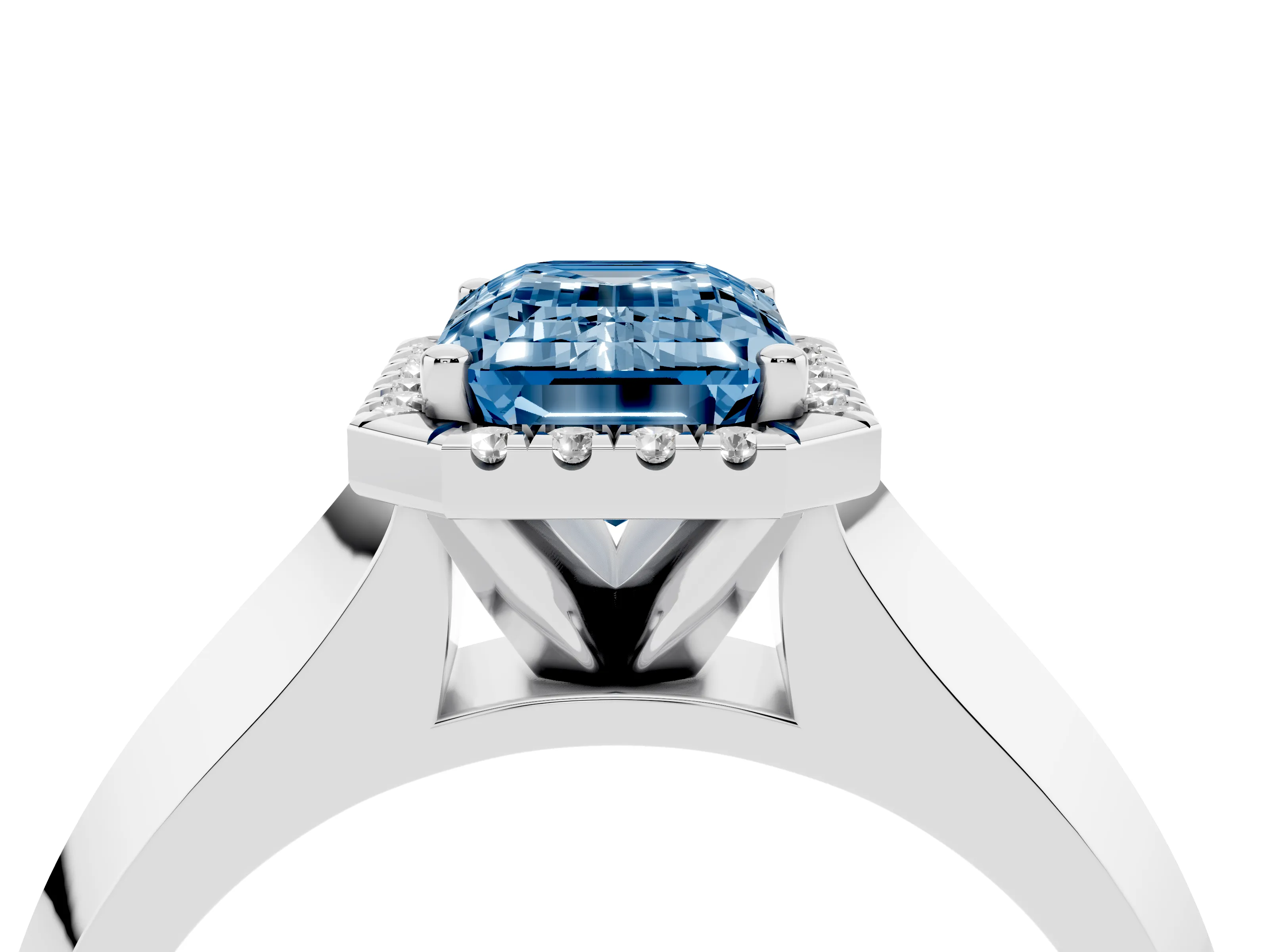 Fancy Blue Emerald Cut Diamond Halo Ring Set in White gold with Cathedral Band and Prong Setting