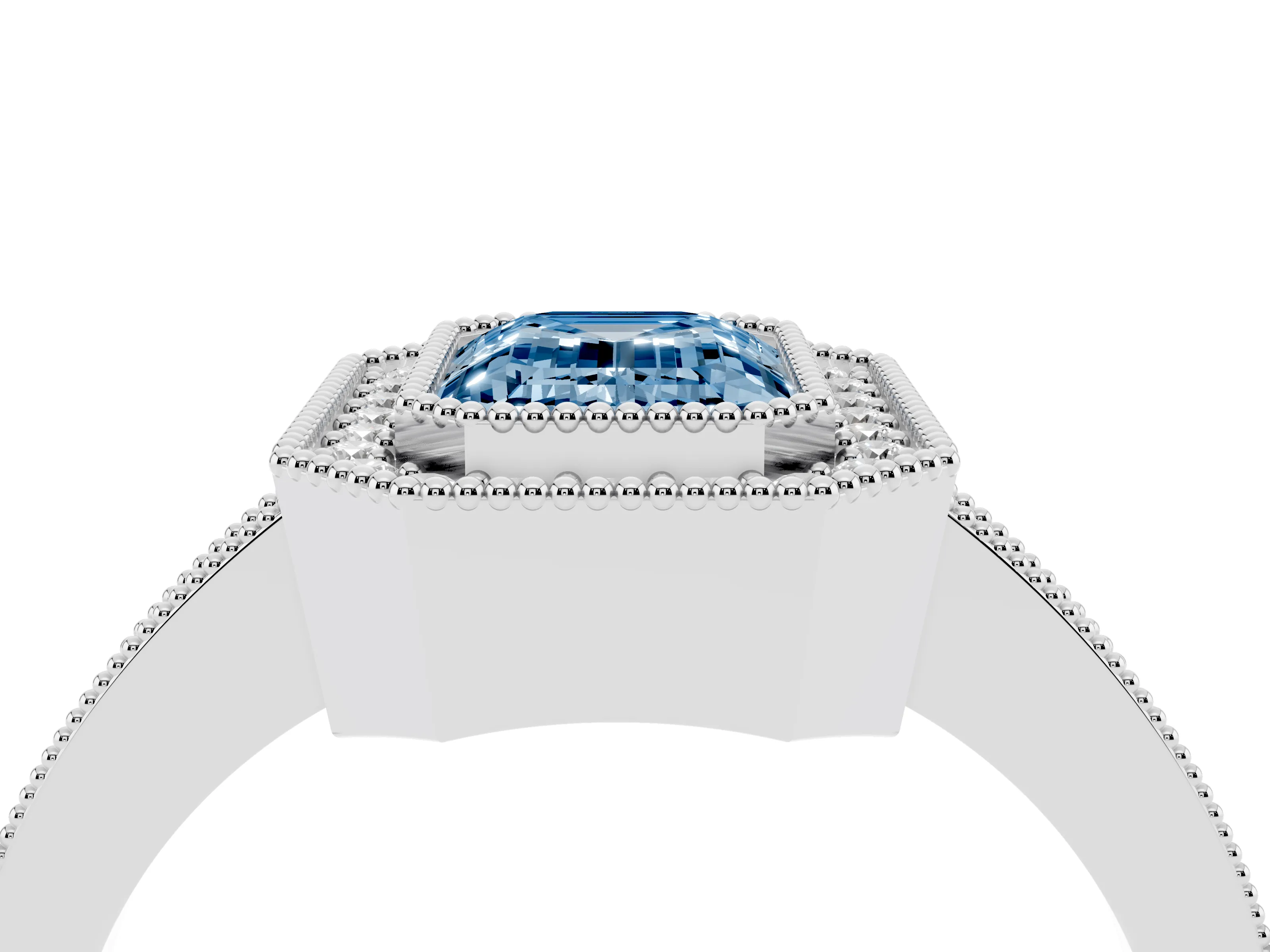 Fancy Blue Emerald Cut Diamond Halo Engagement Ring Set in White gold with Pavé Band and Round Halo Stones