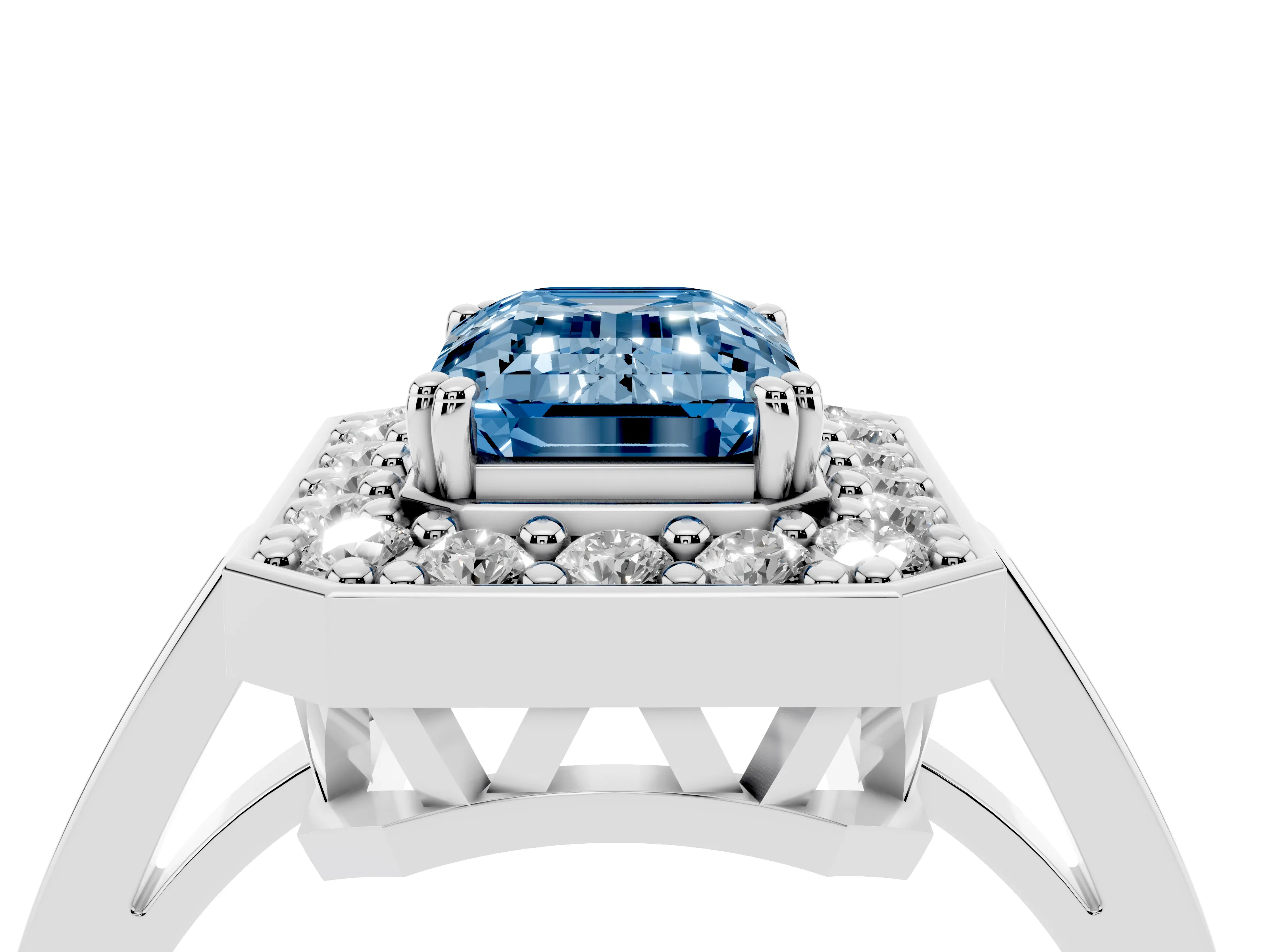 Fancy Blue Emerald Cut Diamond Halo Ring Set in Platinum with Accent-Lined Split Shank and Prong Setting