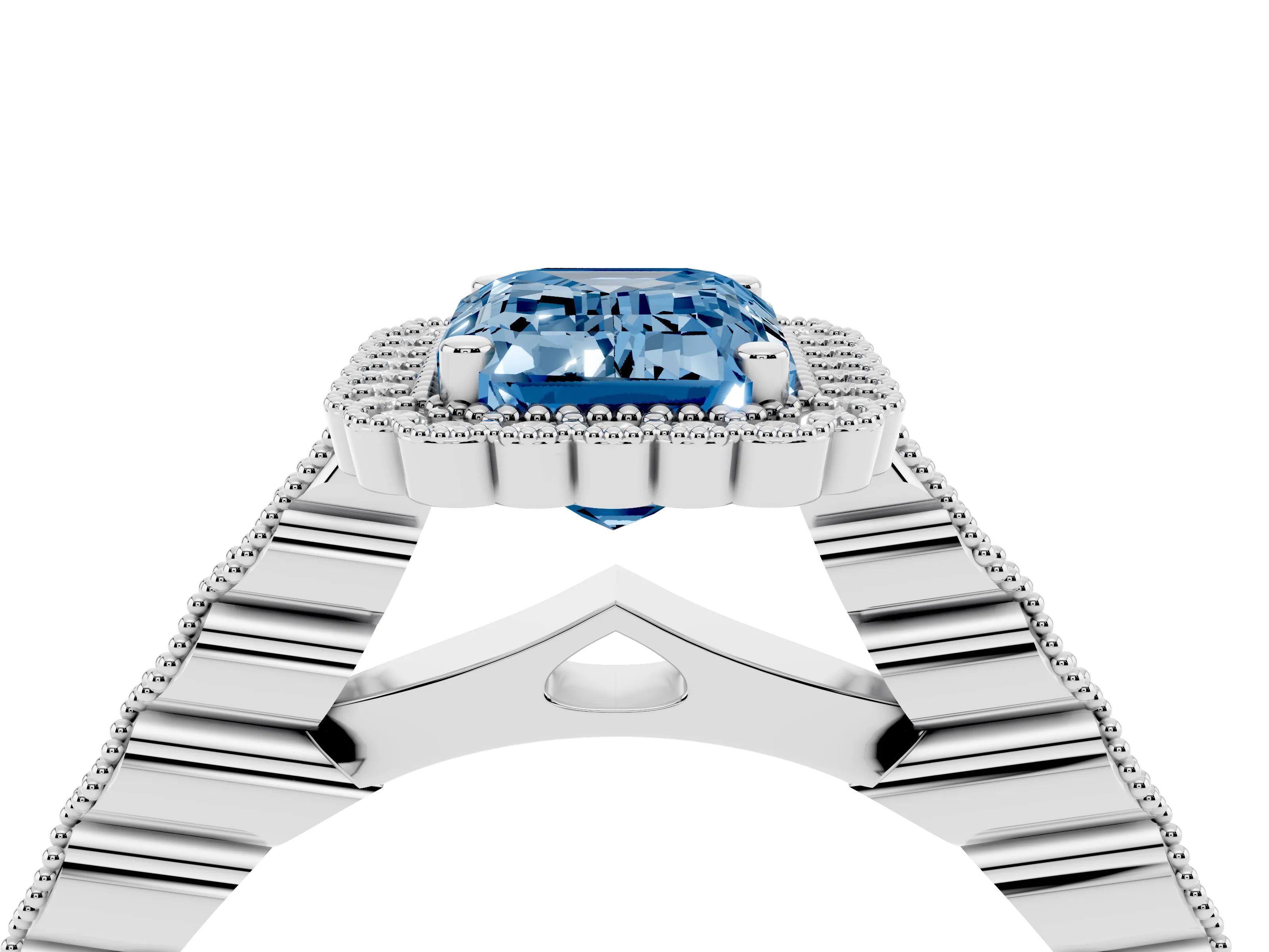 Fancy Blue Emerald Cut Diamond Halo Ring Set in White gold with Pavé Milgrain Band