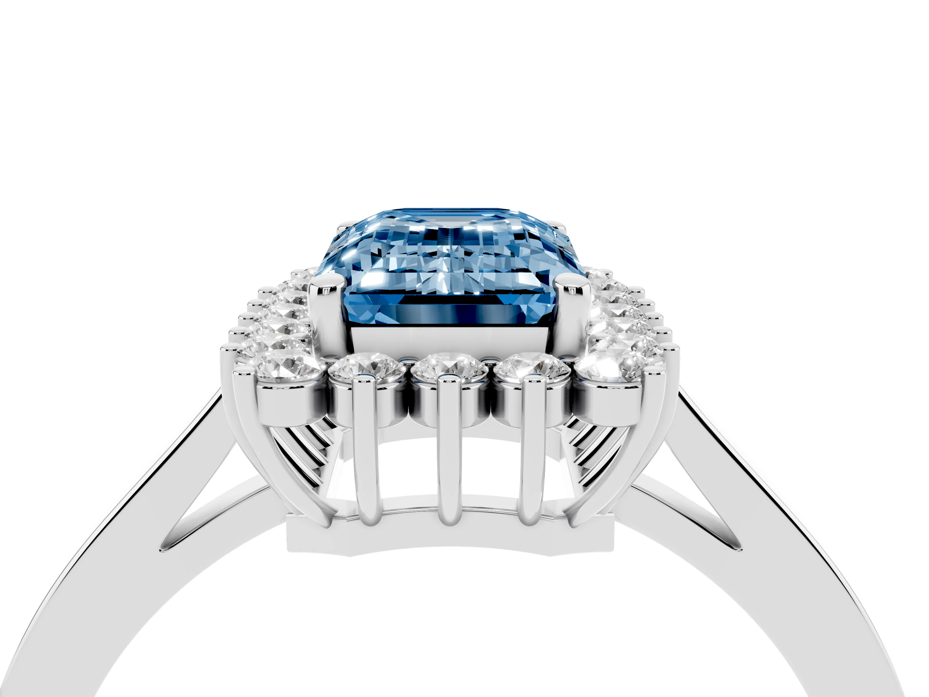 Fancy Blue Emerald Cut Diamond Halo Ring Set in Platinum with Round Halo and Smooth Solitaire Band