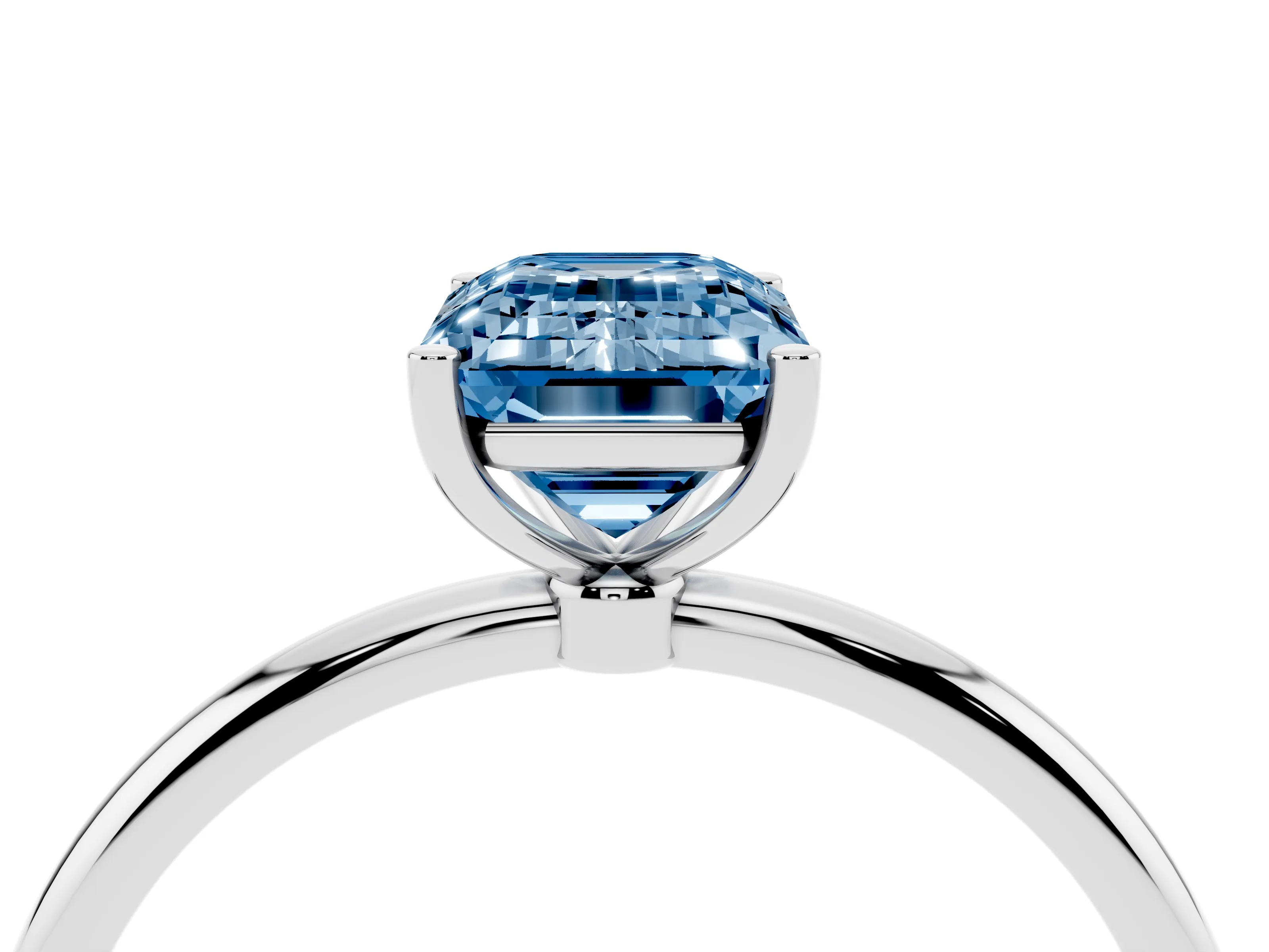Fancy Blue Emerald Cut Diamond Solitaire Engagement Ring Set in Platinum with Thin Band and Prong Setting