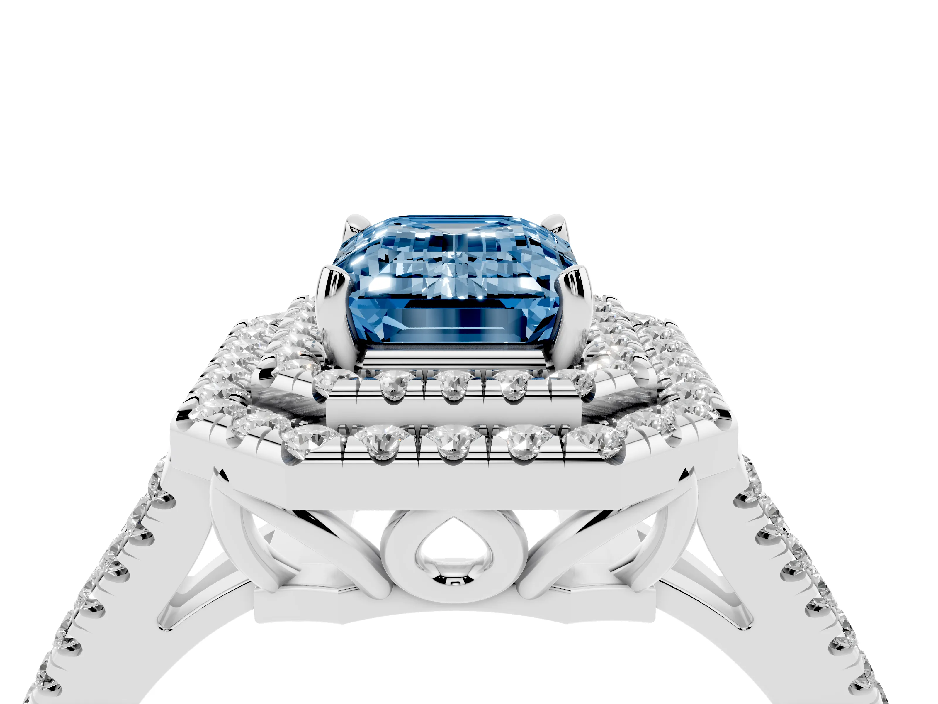 Fancy Blue Emerald Cut Diamond Double Halo Ring Set in White gold with Pavé Band