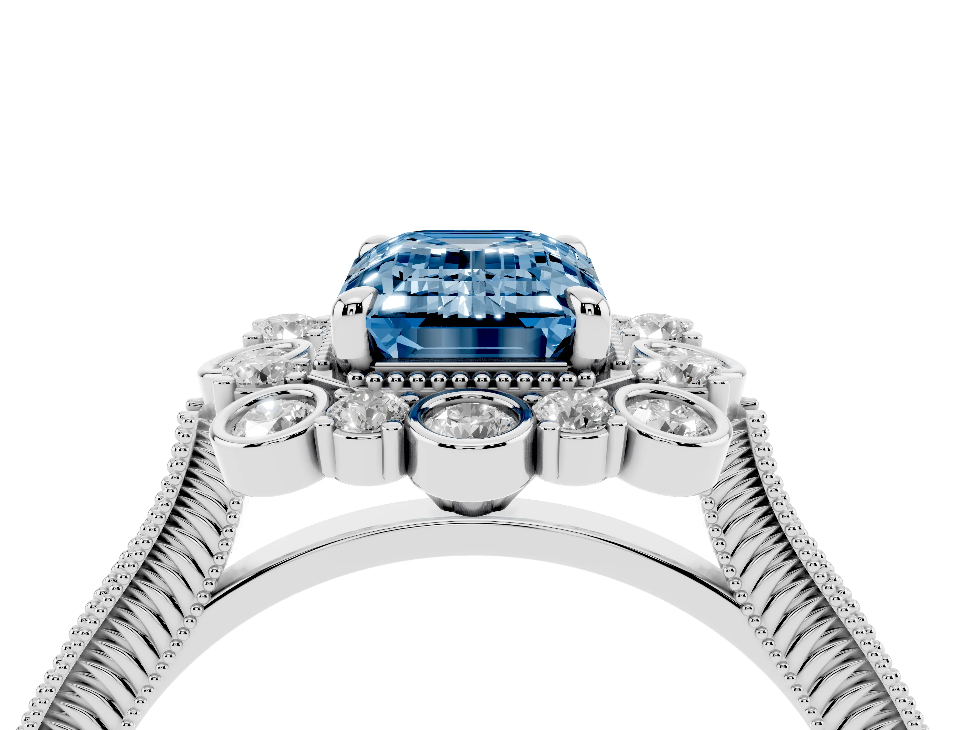 Fancy Blue Emerald Cut Diamond Halo Milgrain Pavé Ring Set in White gold with Prong Setting