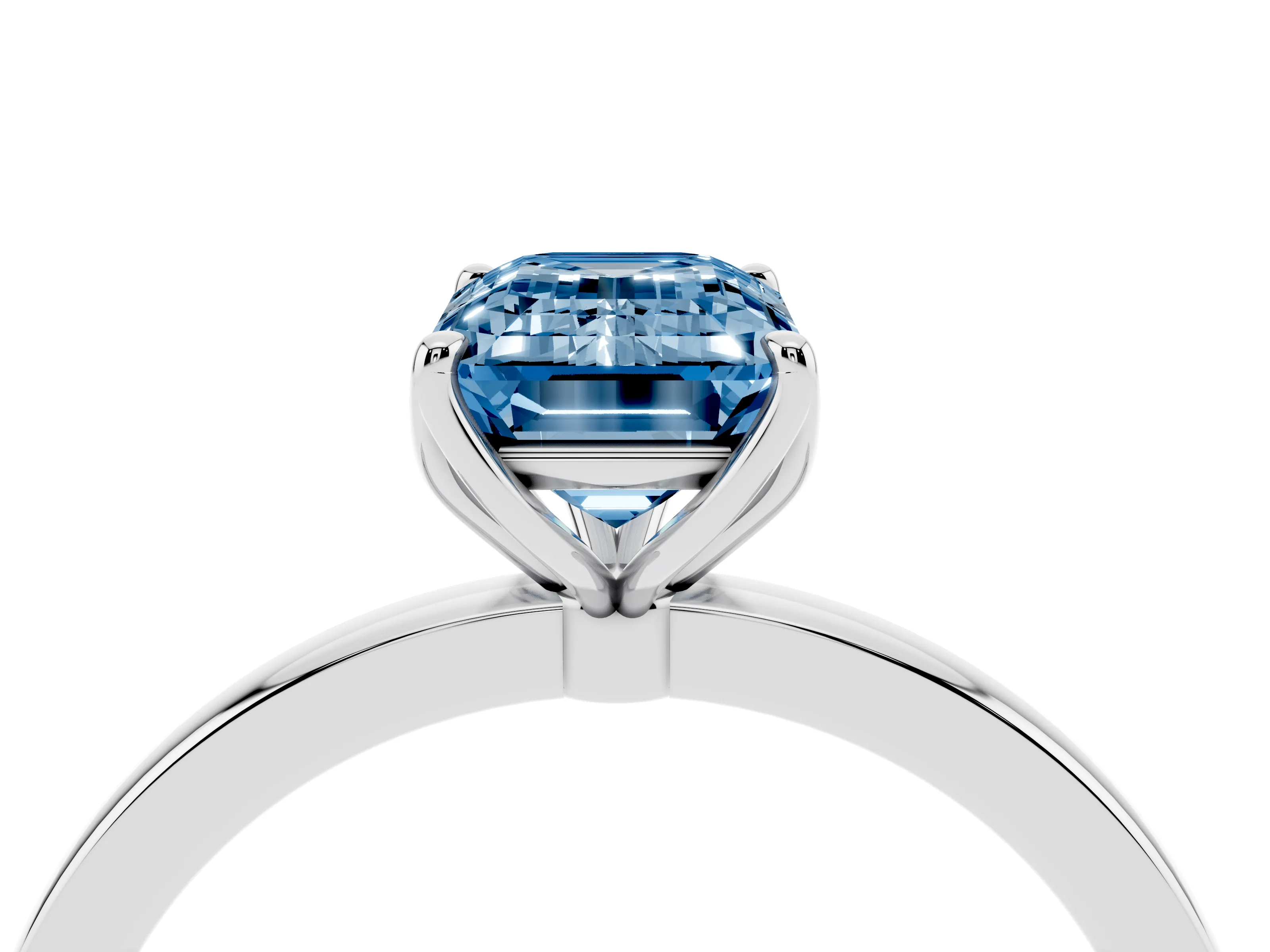 Fancy Blue Emerald Cut Diamond Solitaire Ring Set in White gold with Prong Setting and Thin Polished Band