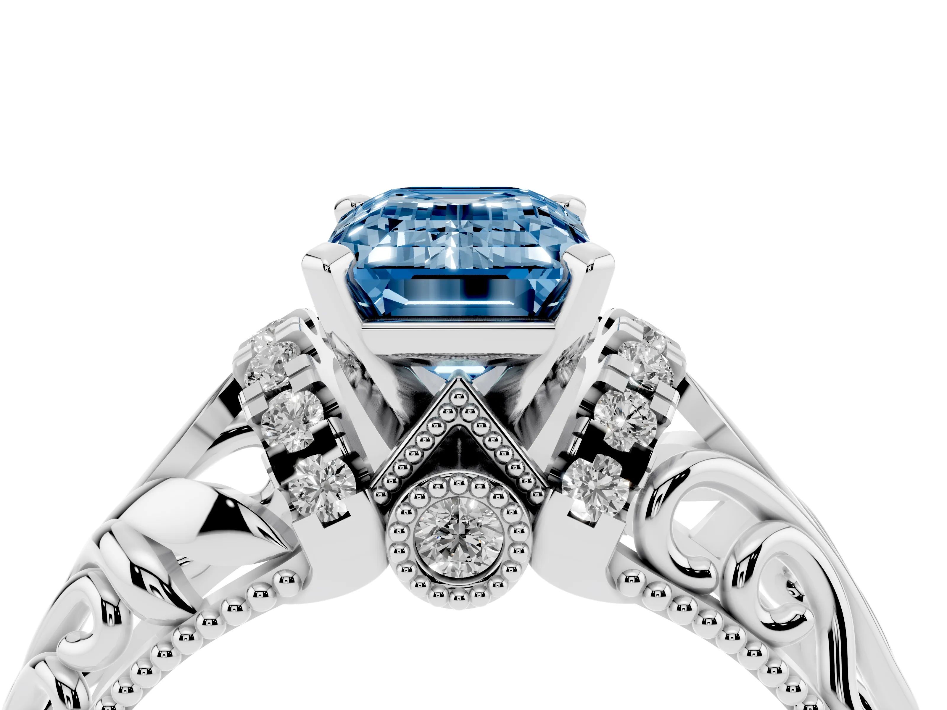 Fancy Blue Emerald Cut Diamond Filigree Halo Engagement Ring Set in Platinum with Prong Setting