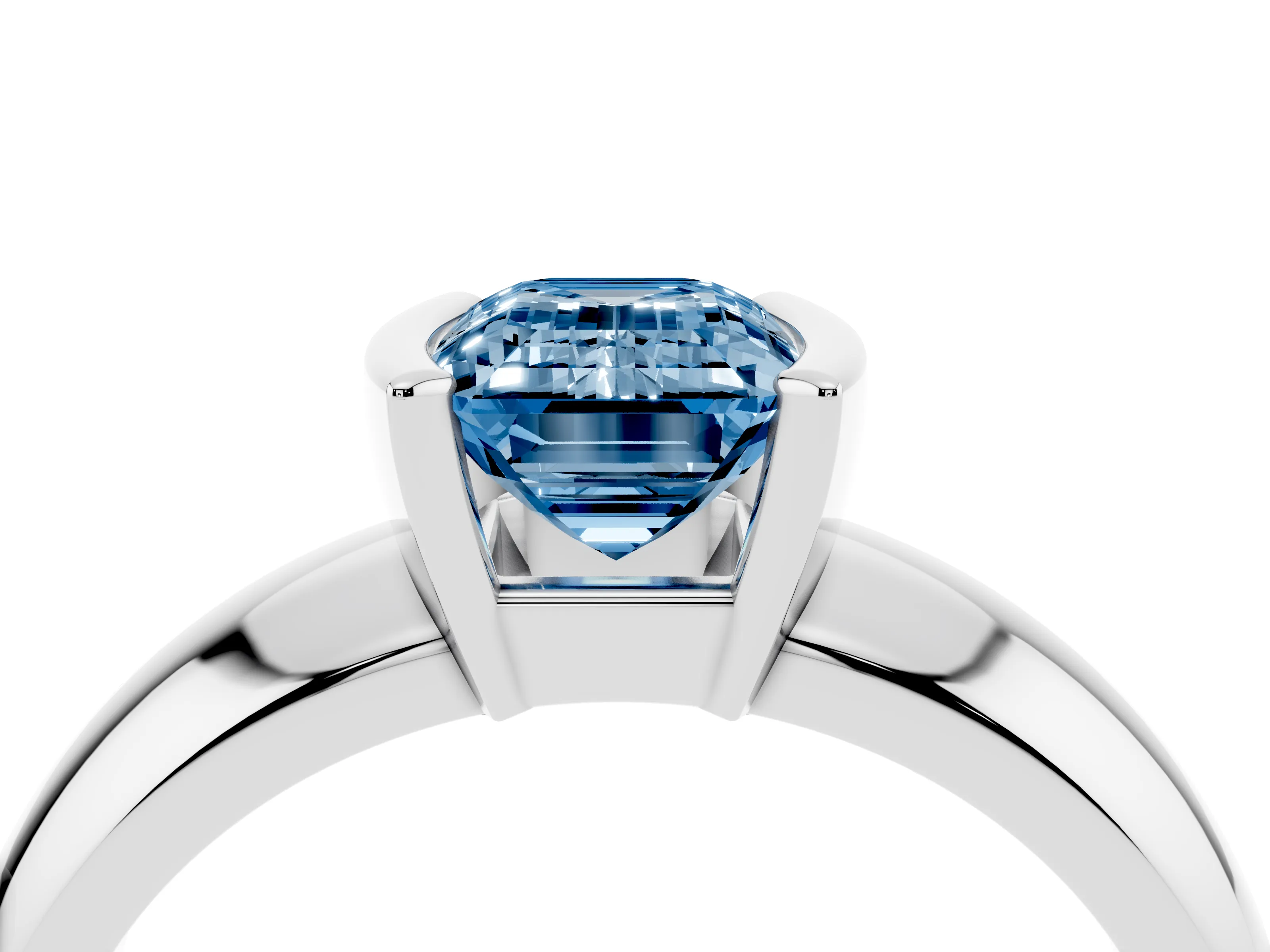 Fancy Blue Emerald Cut Diamond Solitaire Tension Set Ring Set in Platinum with Wide Band