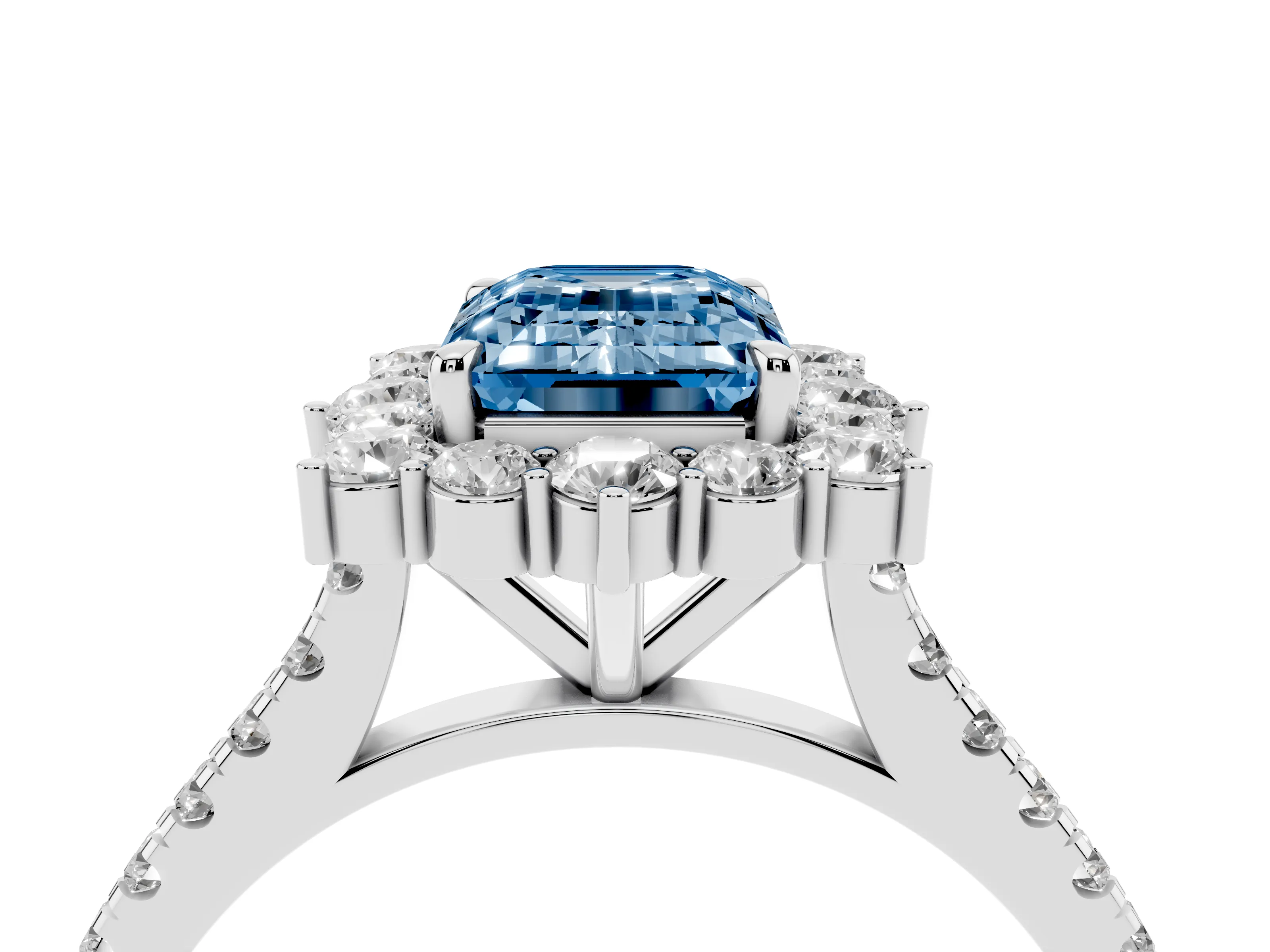 Fancy Blue Emerald Cut Diamond Halo Ring Set in Silver with Pavé Band and Prong Setting
