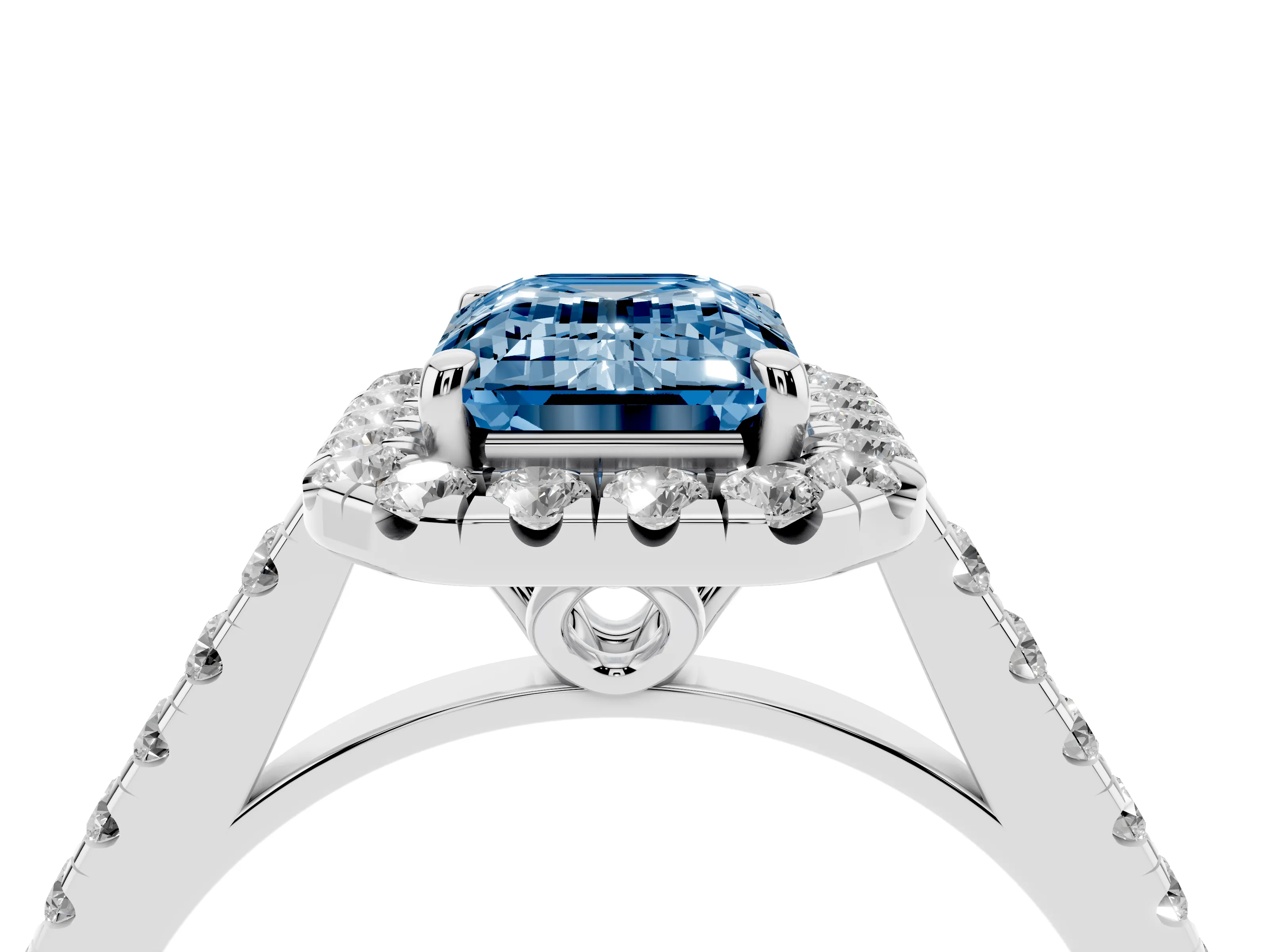 Fancy Blue Emerald Cut Diamond Pavé Halo Engagement Ring Set in White gold with Pavé Band and Prong Setting
