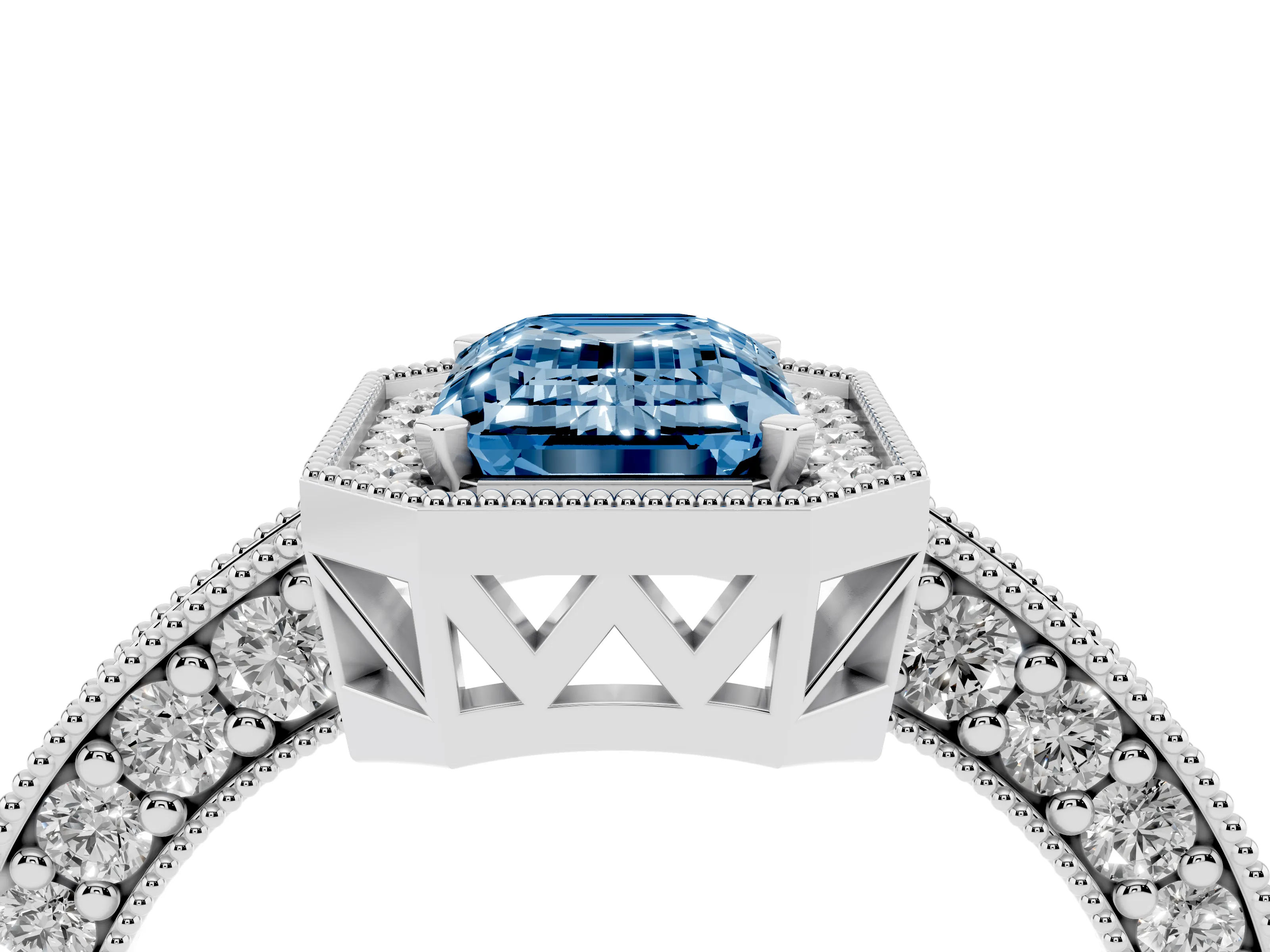 Fancy Blue Emerald Cut Diamond Halo Pavé Band Ring Set in Silver with Prong-Set Center