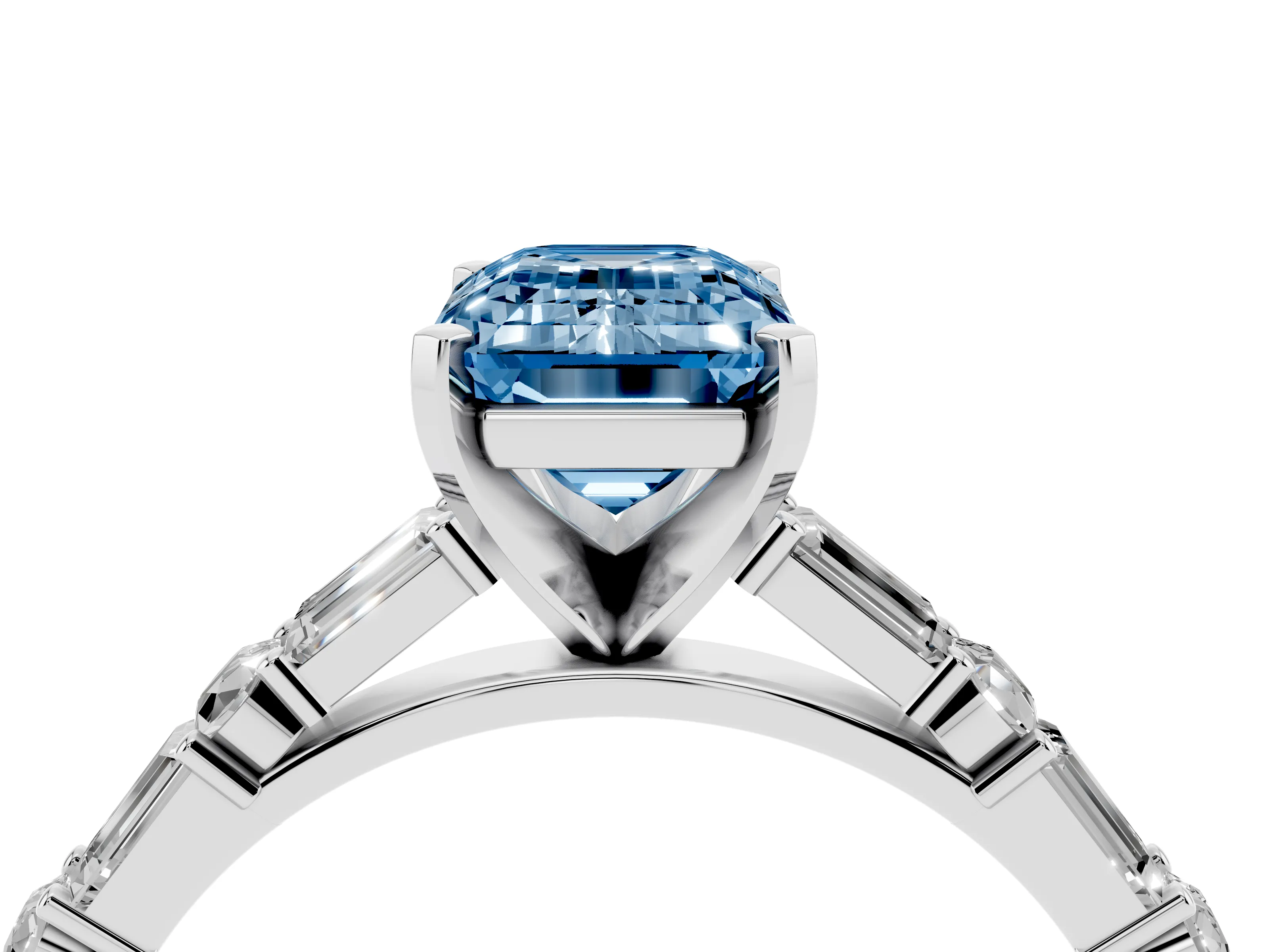 Fancy Blue Emerald Cut Diamond Solitaire Set in Silver with Side Baguettes and Channel Set Band