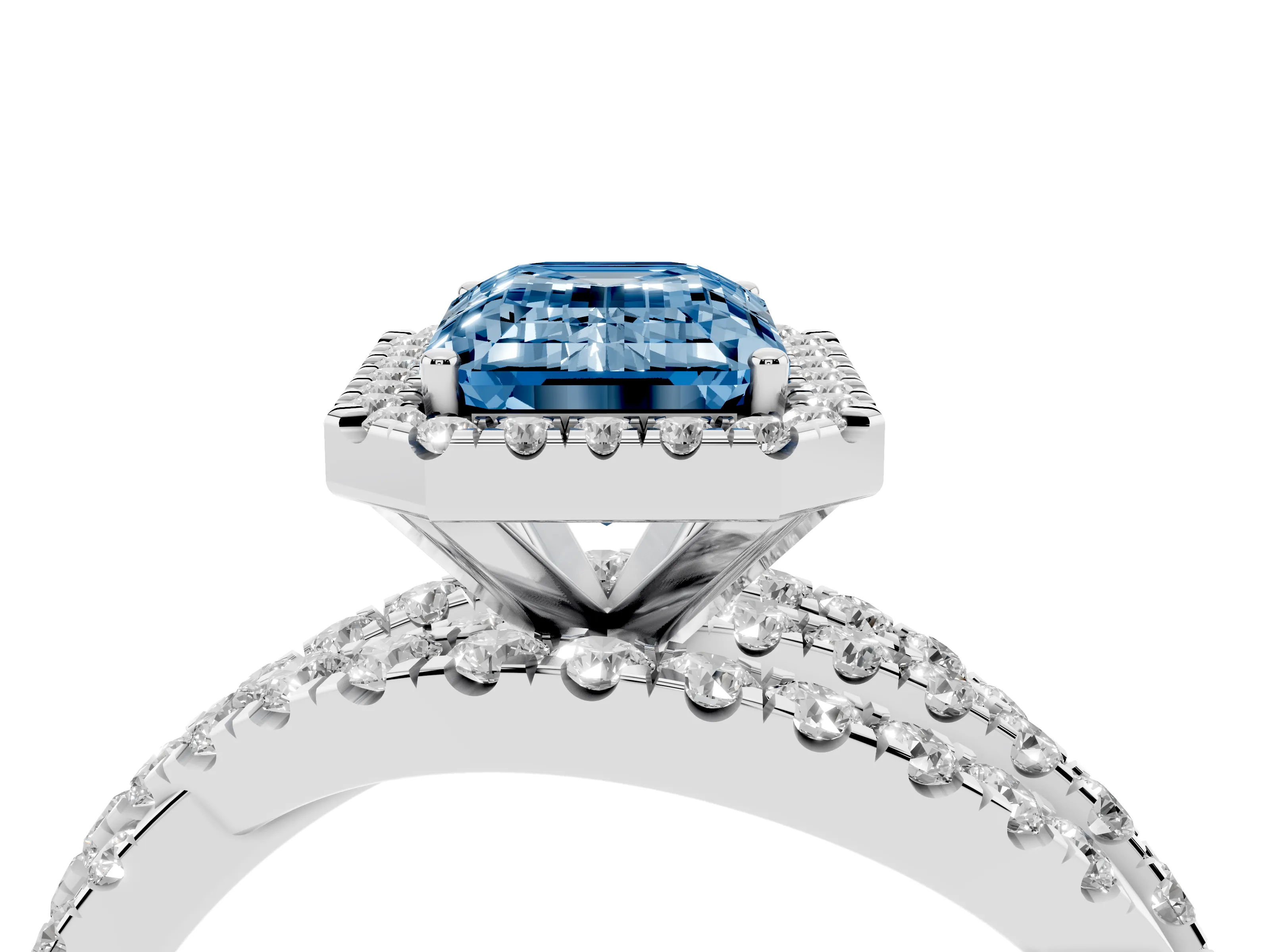 Fancy Blue Emerald Cut Diamond Halo Ring Set in Platinum with Round Crossover Split Shank and Prong Setting