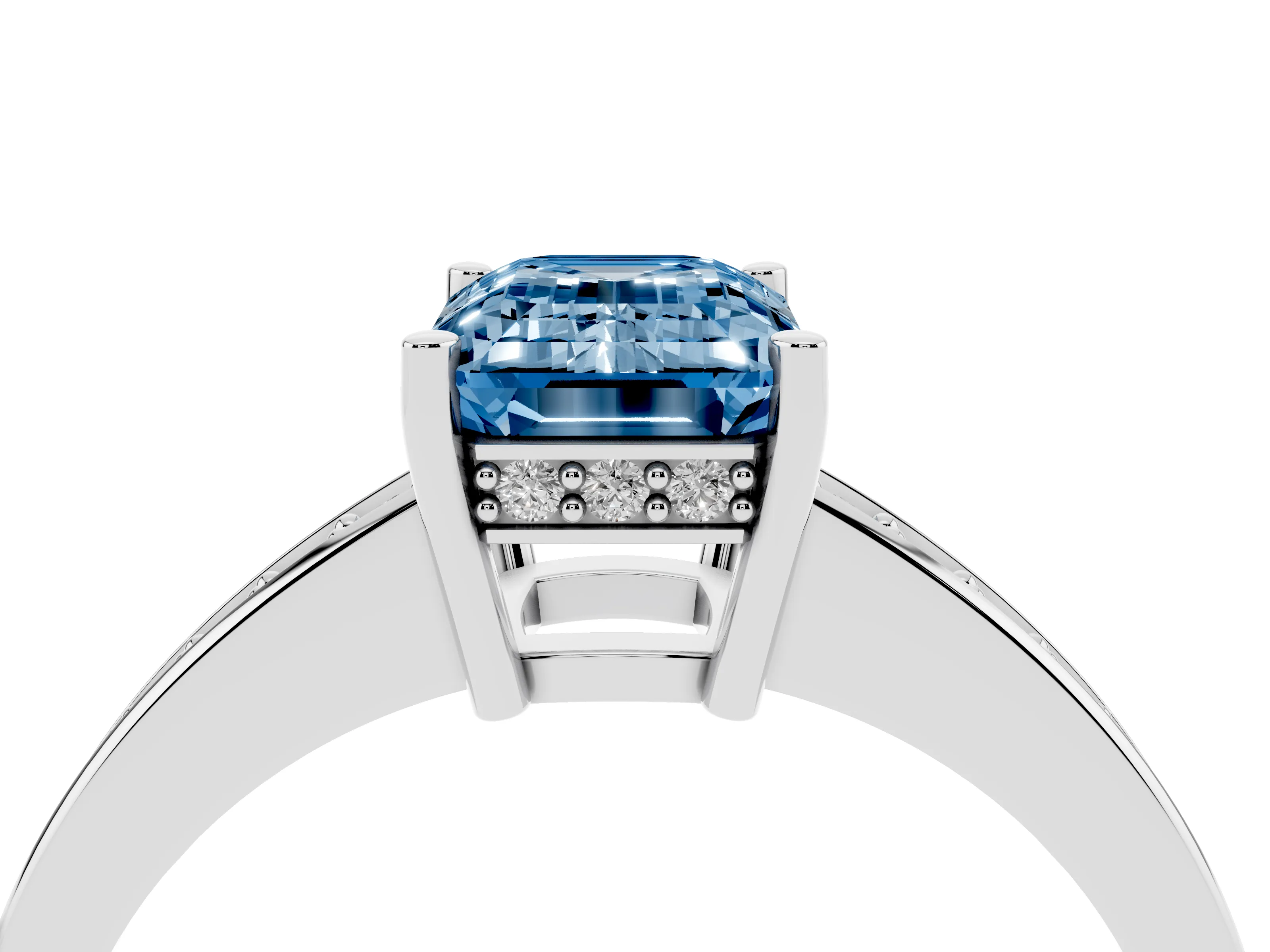 Fancy Blue Emerald Cut Diamond Pavé Band Prong Set Solitaire Ring Set in Platinum