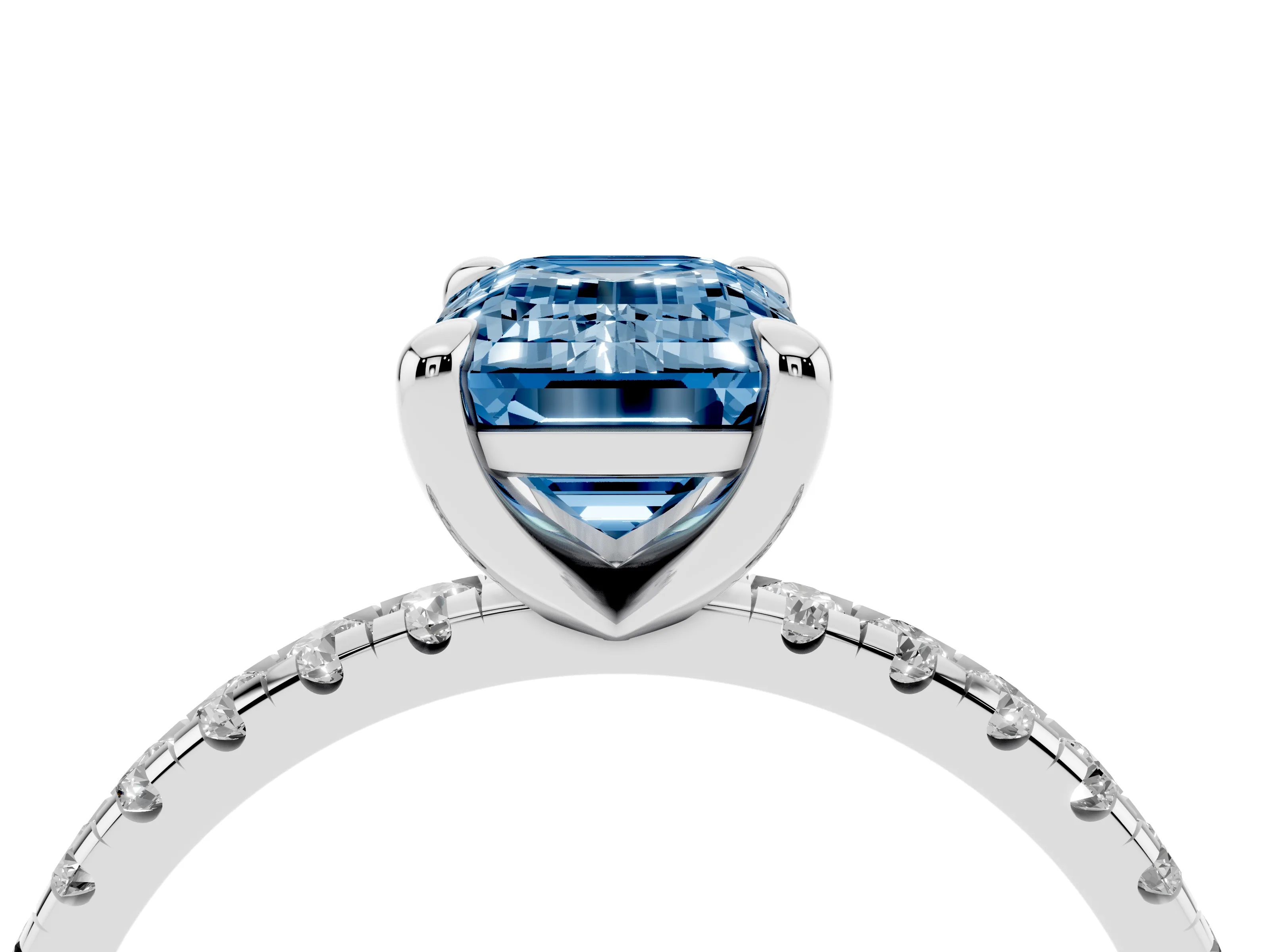Fancy Blue Emerald Cut Diamond Brilliant Solitaire Ring Set in White gold with Pavé Band and Prong Setting